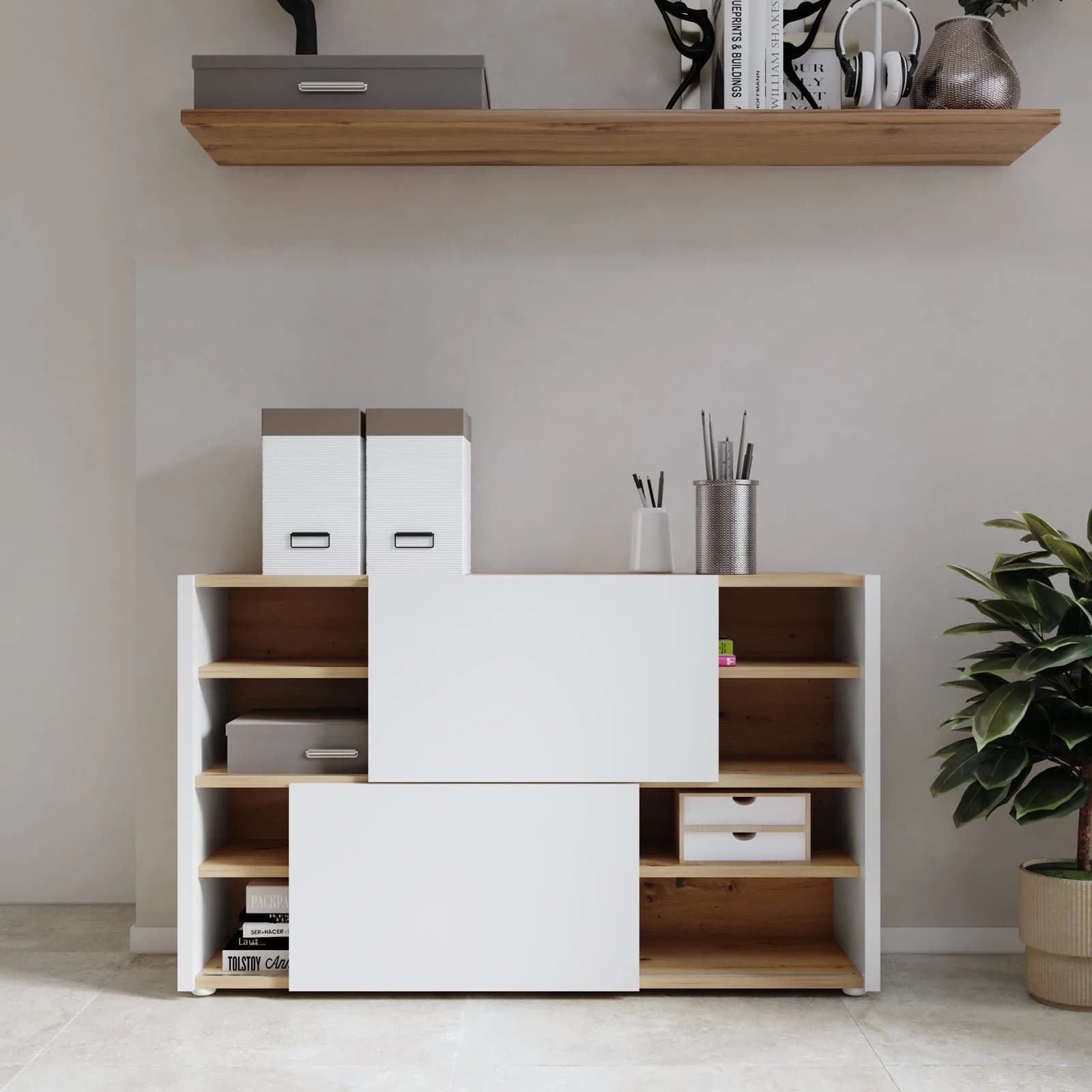 Mobile multiuso 140x85h top e ripiani rovere artisan e 2 ante scorrevoli bianco lucido - Neos