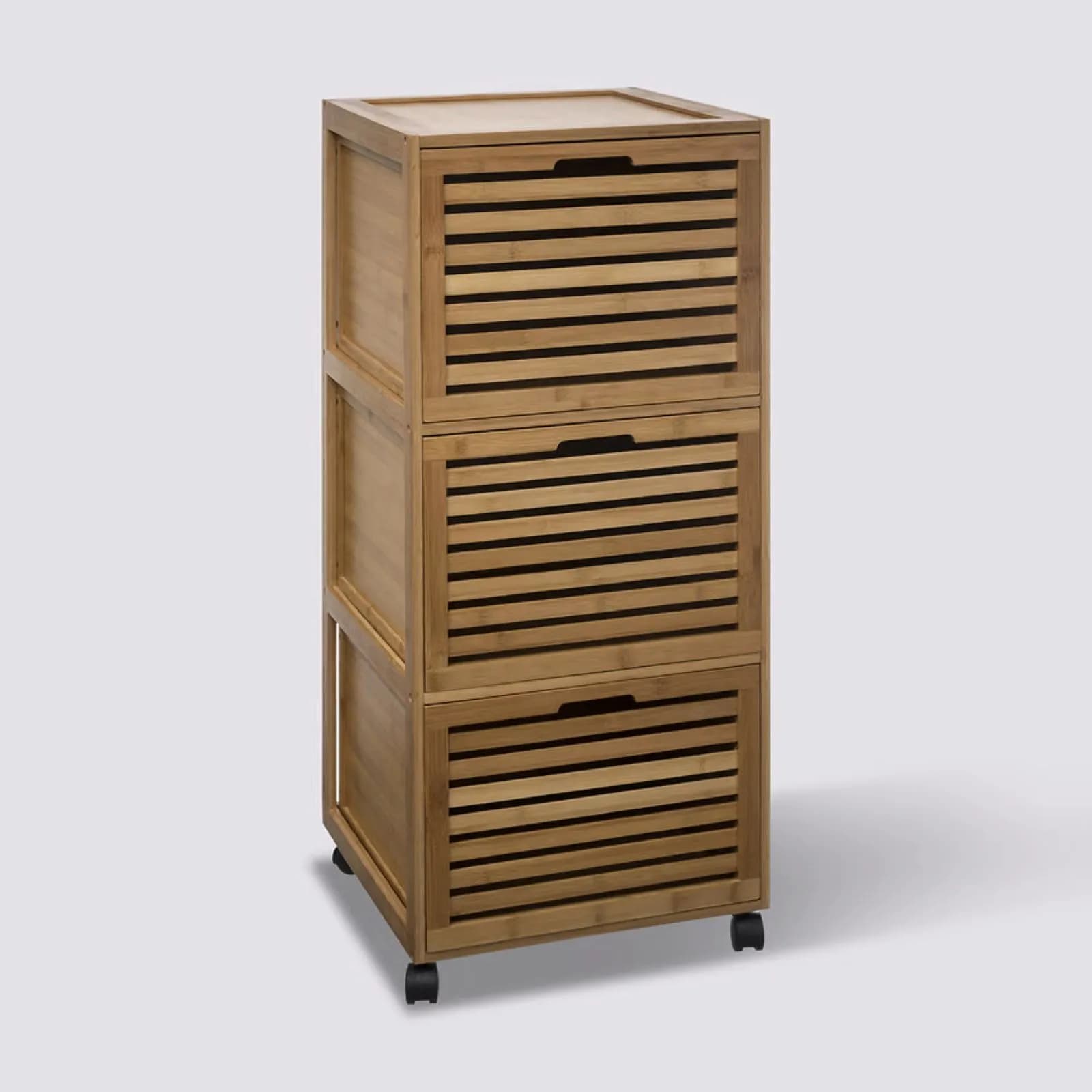 Mobile multiuso 42x93h cm in legno di bambù naturale con 3 cassetti e ruote