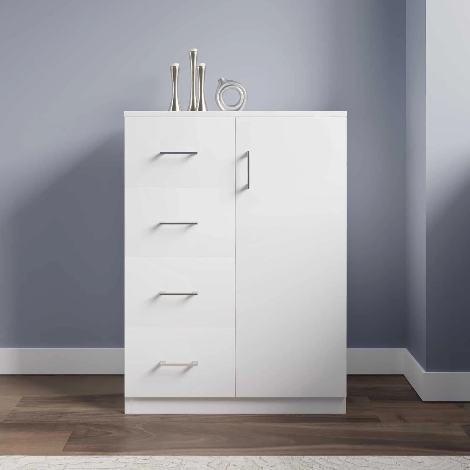 Mobile multiuso 60 cm in legno bianco 4 cassetti e anta - Aralia