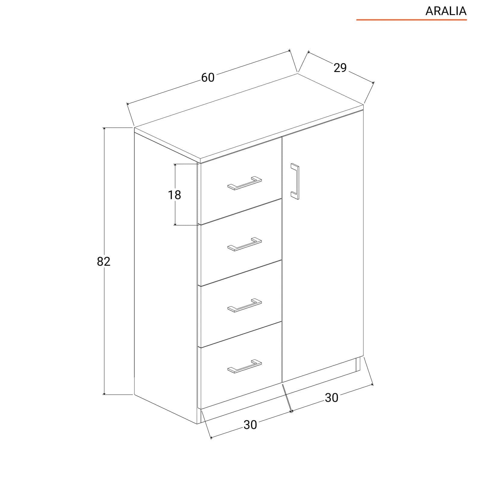 Mobile multiuso 60 cm in legno bianco 4 cassetti e anta - Aralia