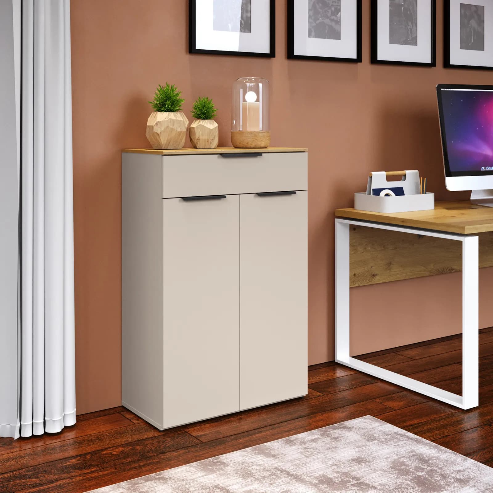 Mobile multiuso 69x105h cm top rovere artisan con 1 cassetto e 2 ante cashmere opaco - Pavel
