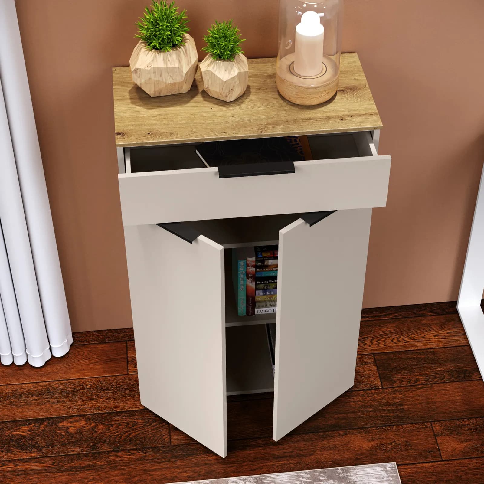 Mobile multiuso 69x105h cm top rovere artisan con 1 cassetto e 2 ante cashmere opaco - Pavel