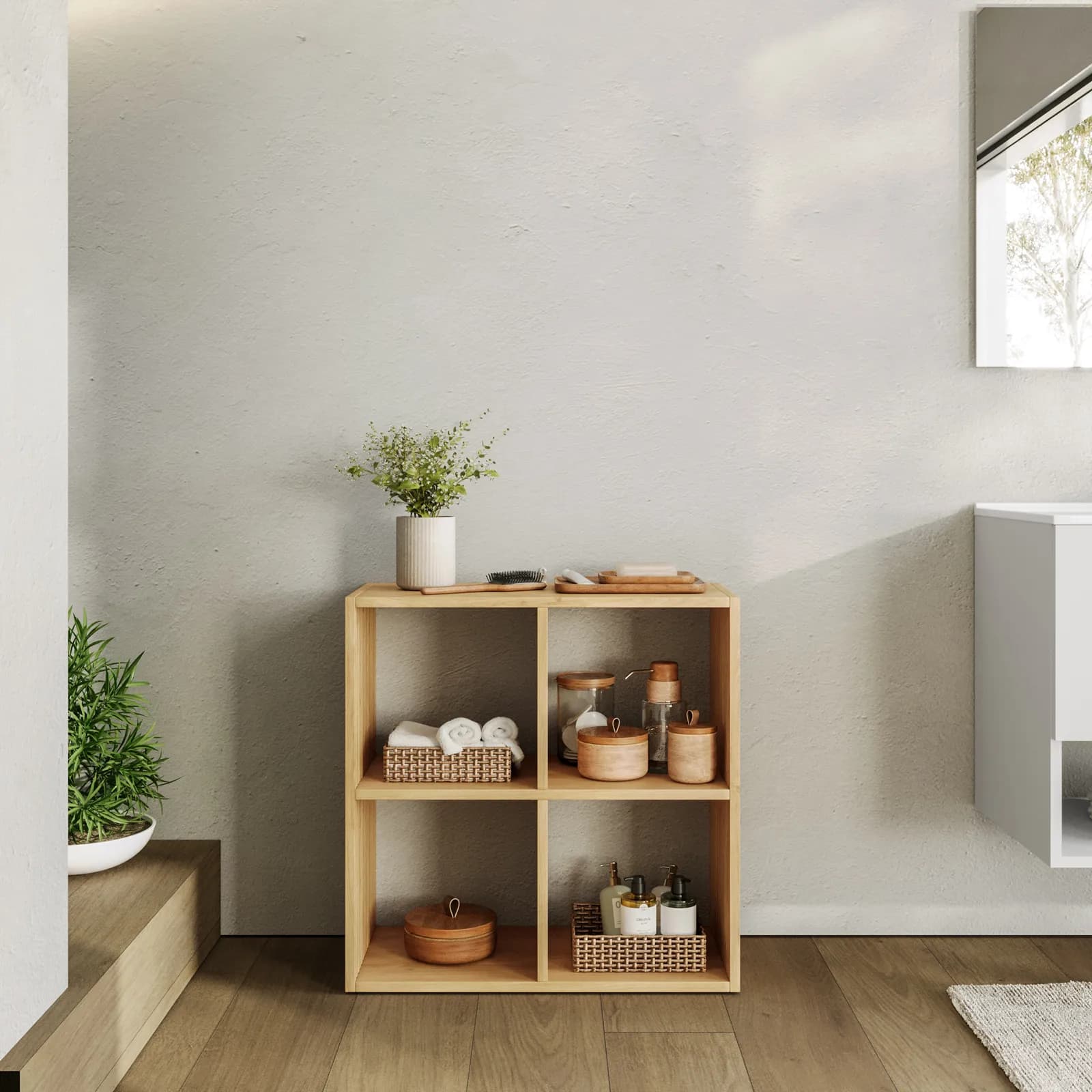 Mobile multiuso 69x69h cm in legno naturale e cannettato con 4 vani - Kloser