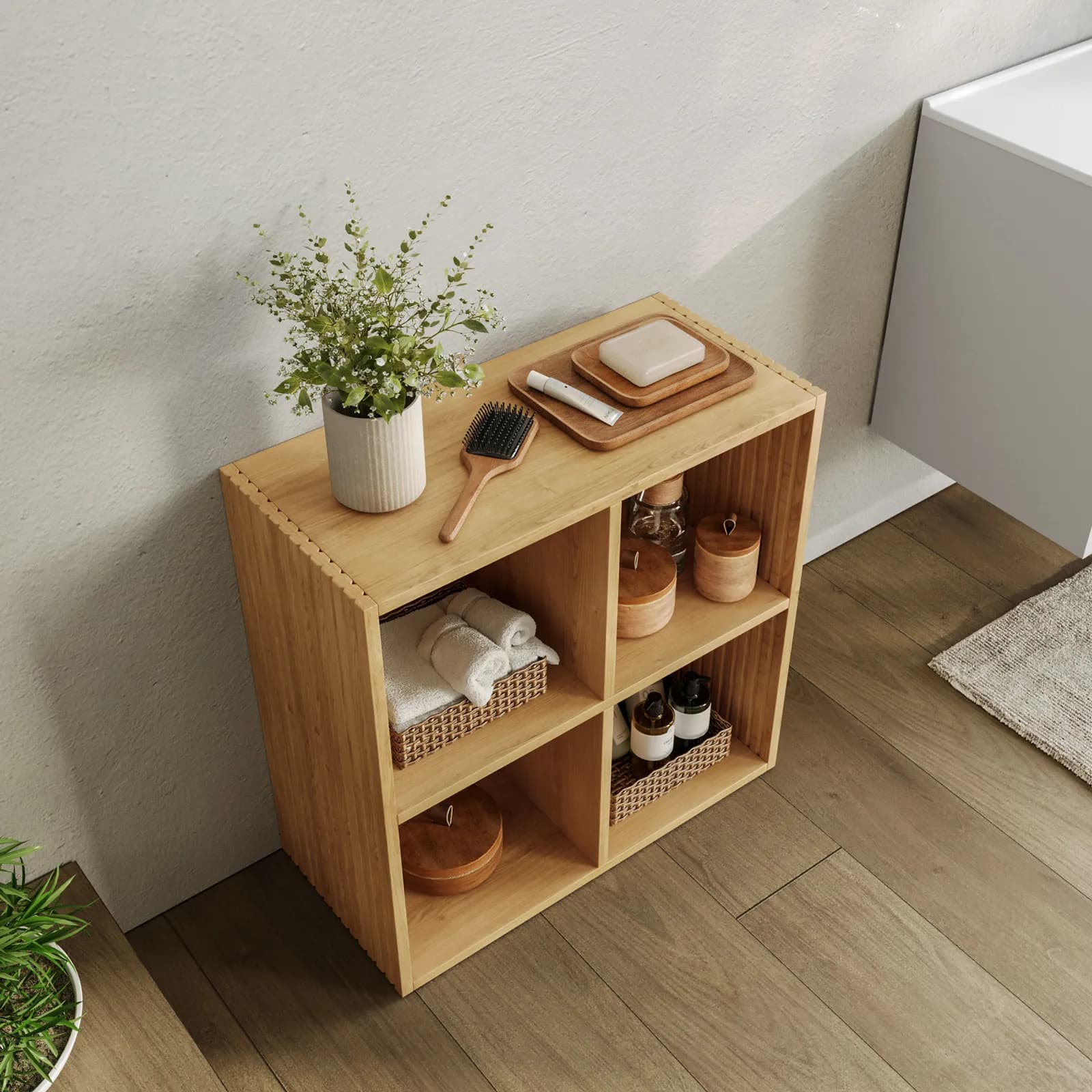 Mobile multiuso 69x69h cm in legno naturale e cannettato con 4 vani - Kloser