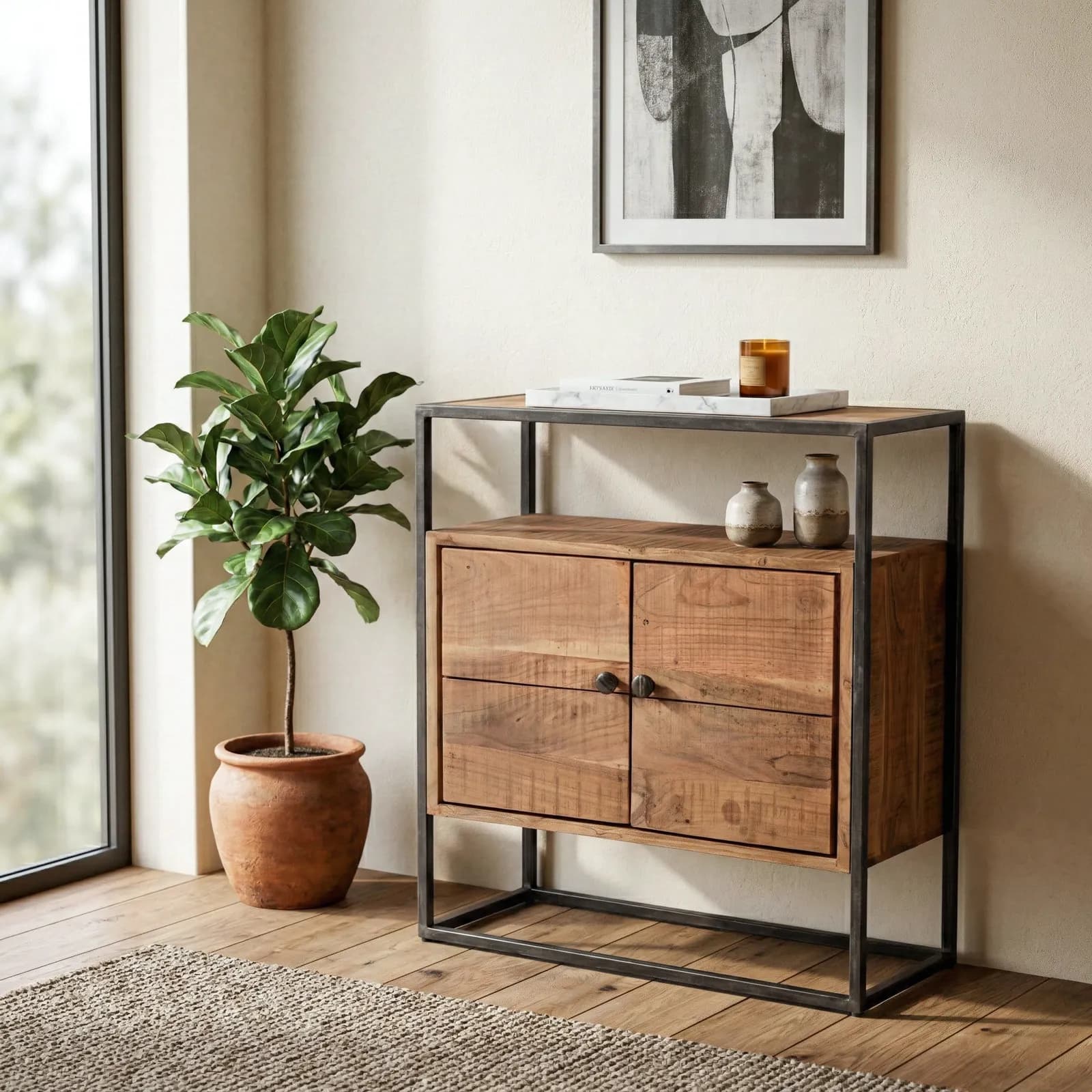 Mobile multiuso 75x30 cm in legno di acacia con due ante - Freia Acacia