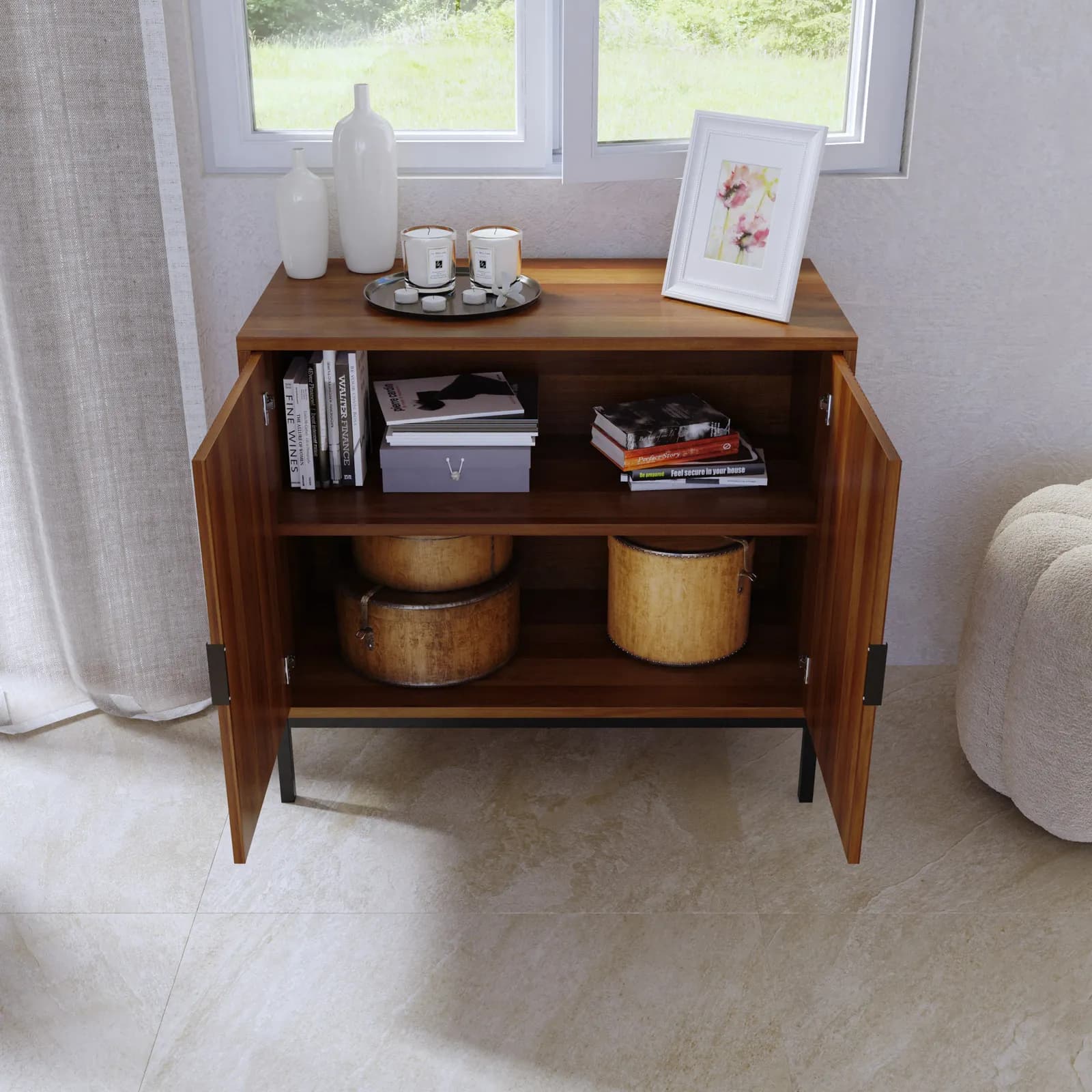 Mobile multiuso 80x72h cm noce carter cannettato con 2 ante e piedi in metallo nero - Acosta