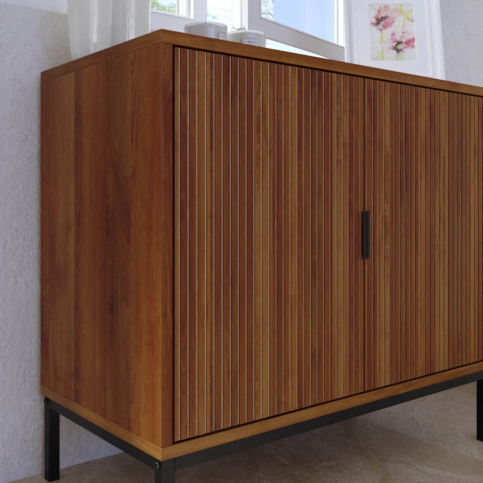 Mobile multiuso 80x72h cm noce carter cannettato con 2 ante e piedi in metallo nero - Acosta