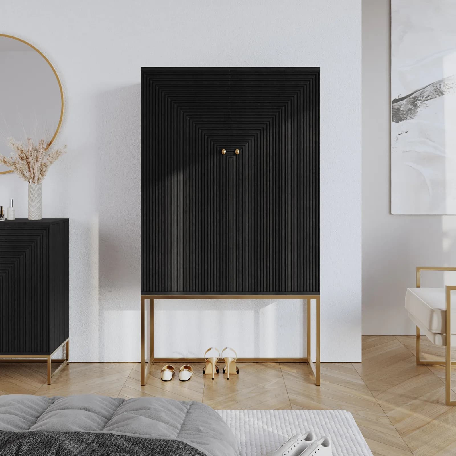 Mobile multiuso 90x150 cm in legno di mango nero cannettato e metallo oro - Dunkel