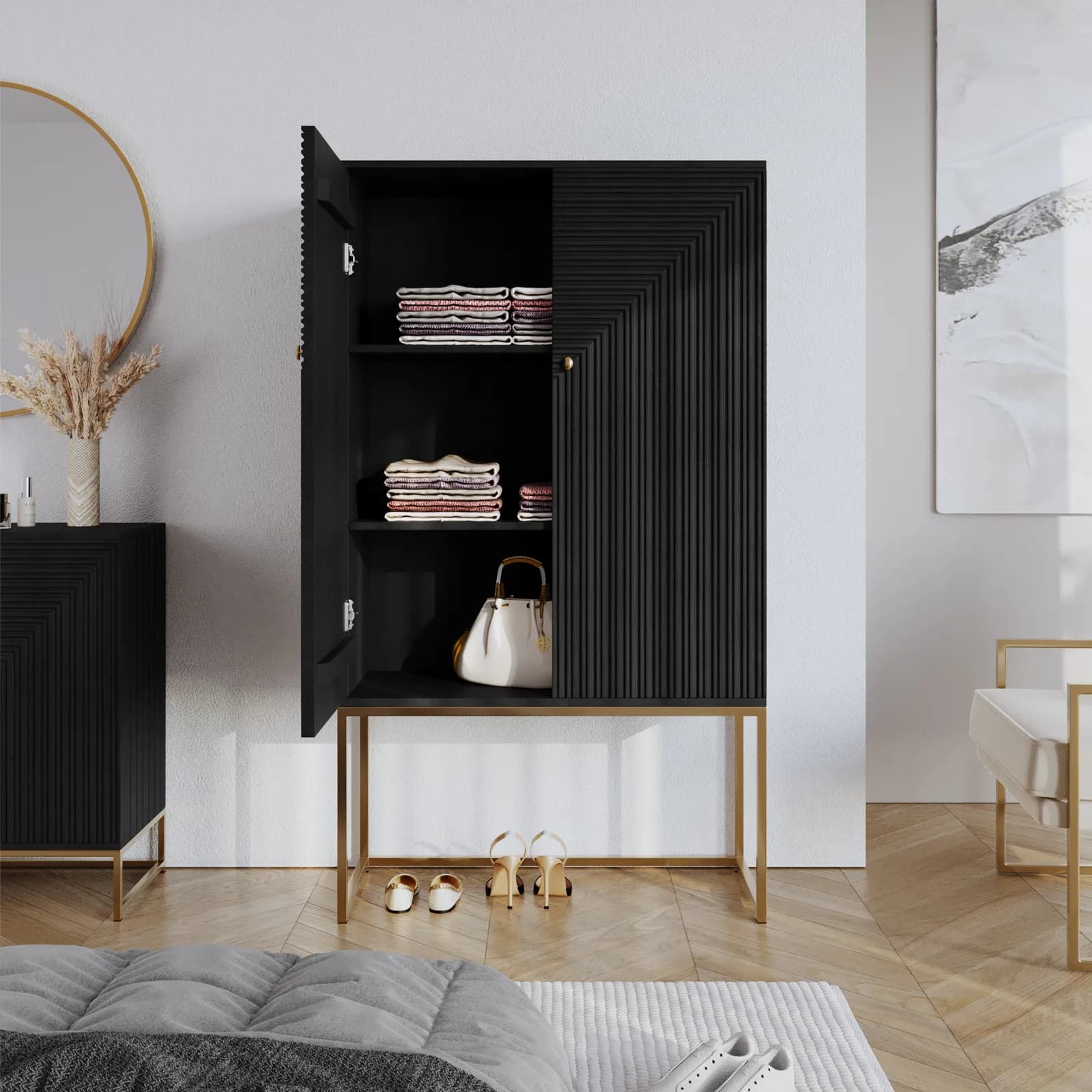 Mobile multiuso 90x150 cm in legno di mango nero cannettato e metallo oro - Dunkel