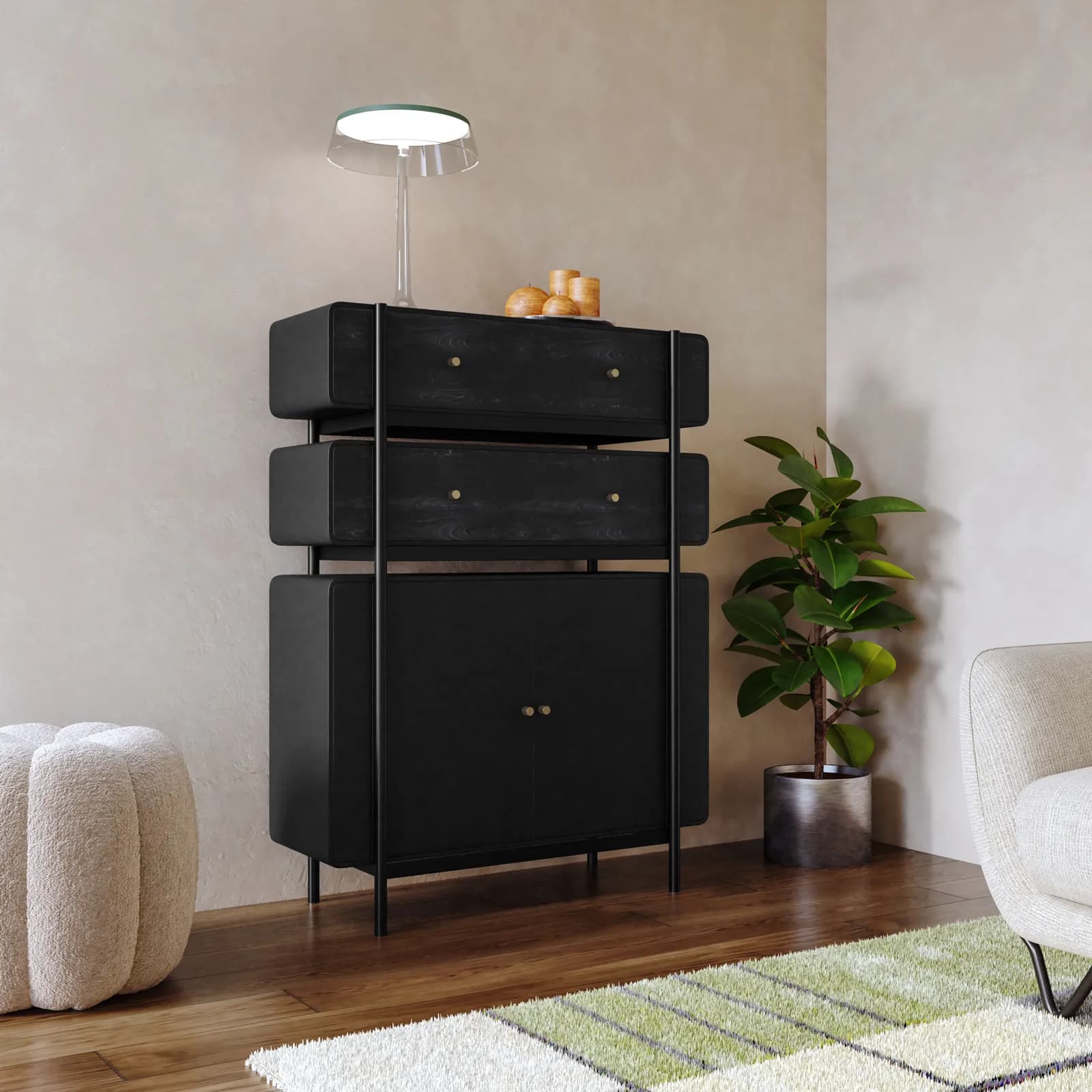 Mobile multiuso 92x123h cm in legno nero craven e metallo nero con cassetti e ante - Kirki