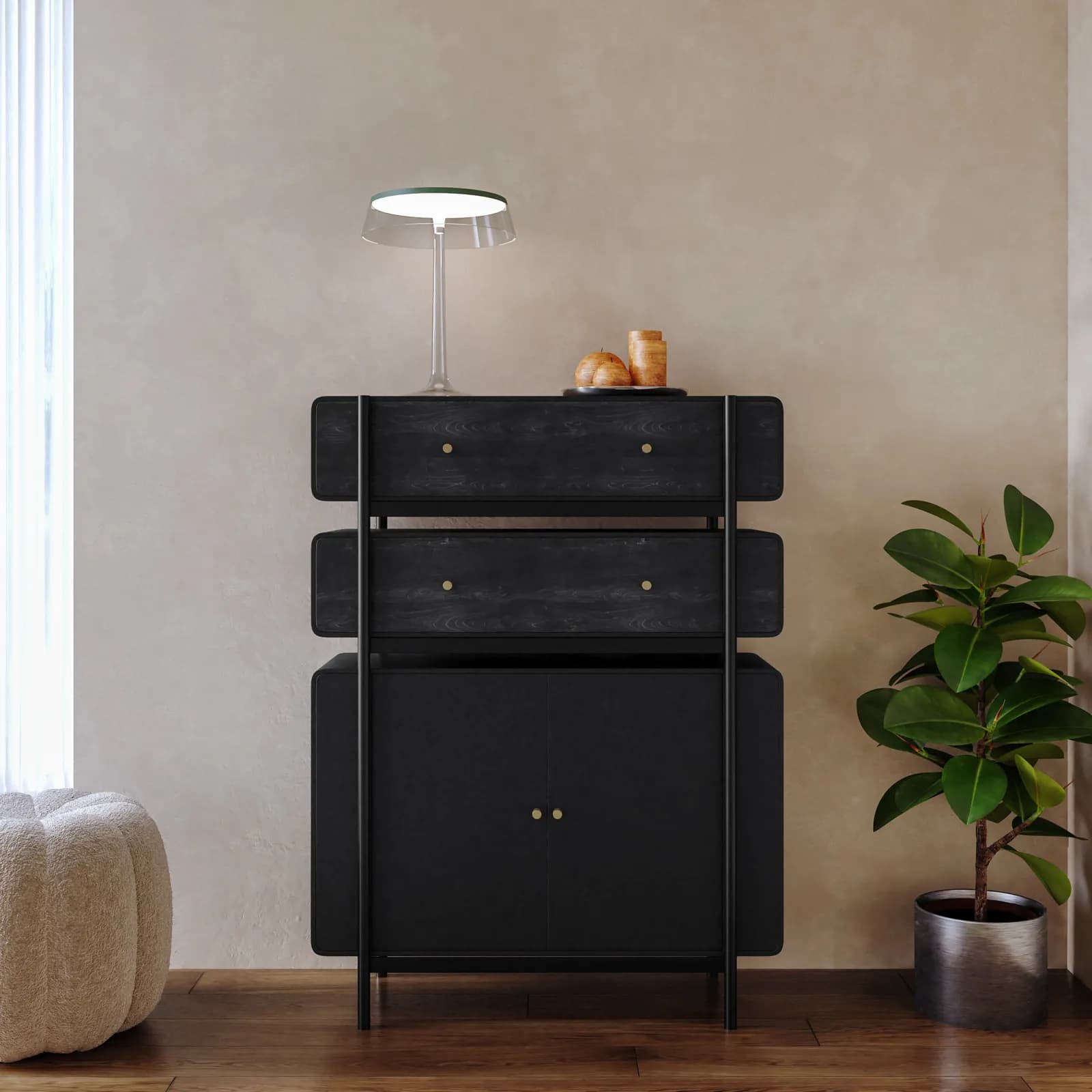 Mobile multiuso 92x123h cm in legno nero craven e metallo nero con cassetti e ante - Kirki
