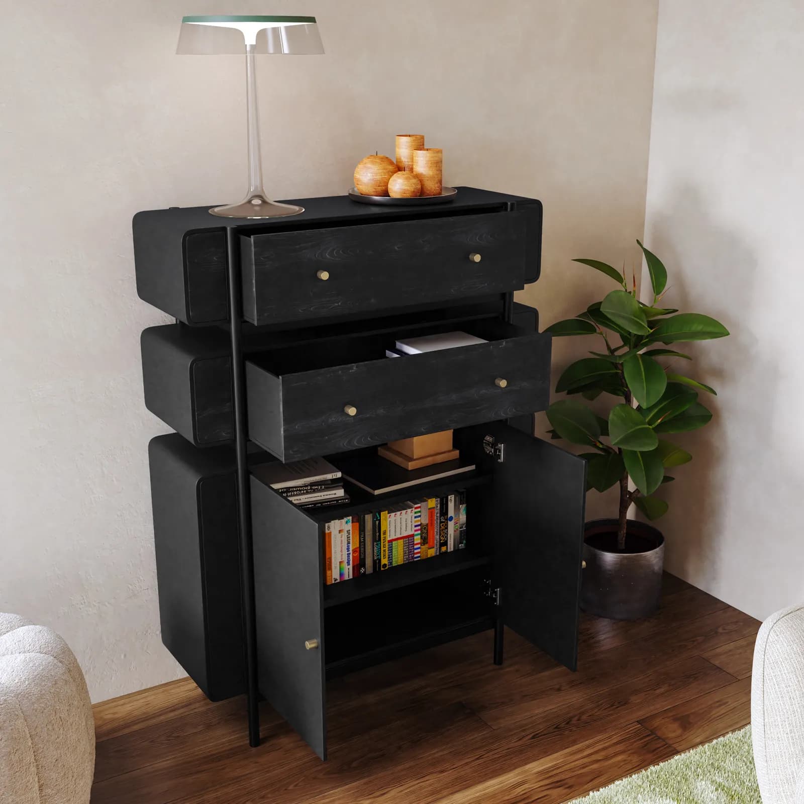 Mobile multiuso 92x123h cm in legno nero craven e metallo nero con cassetti e ante - Kirki