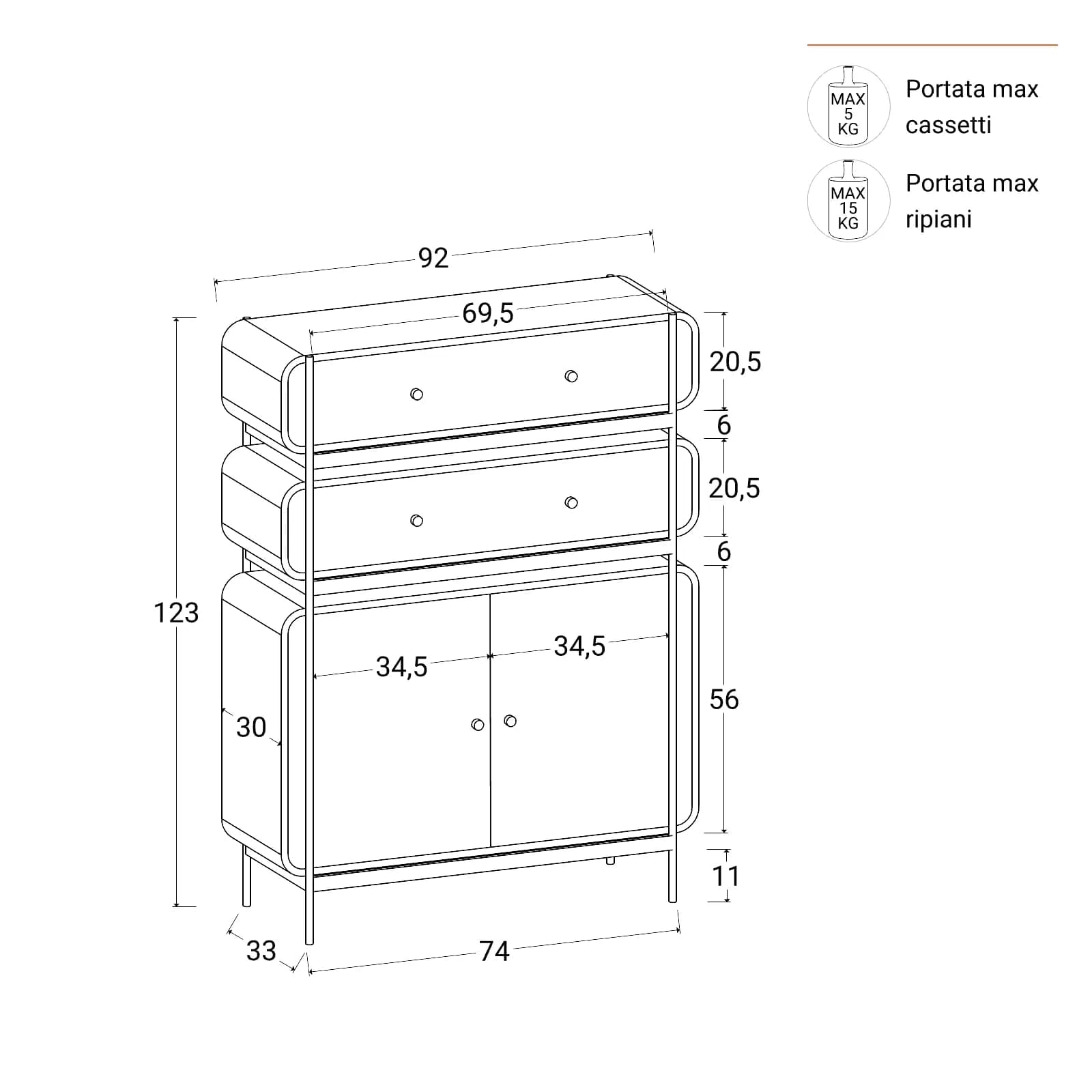 Mobile multiuso 92x123h cm in legno nero craven e metallo nero con cassetti e ante - Kirki