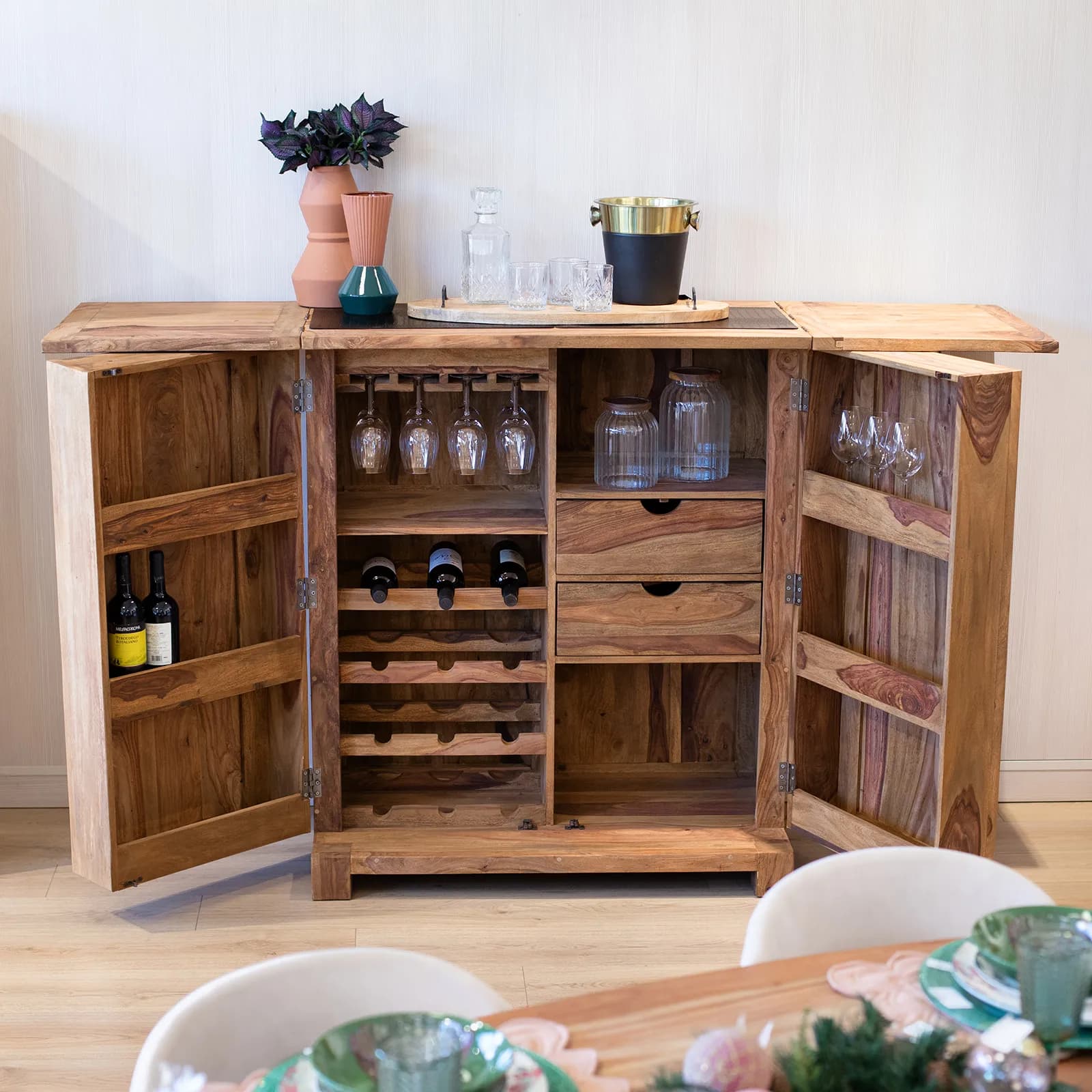 Mobile portabottiglie 200x120h cm in legno - Freia Sheesham