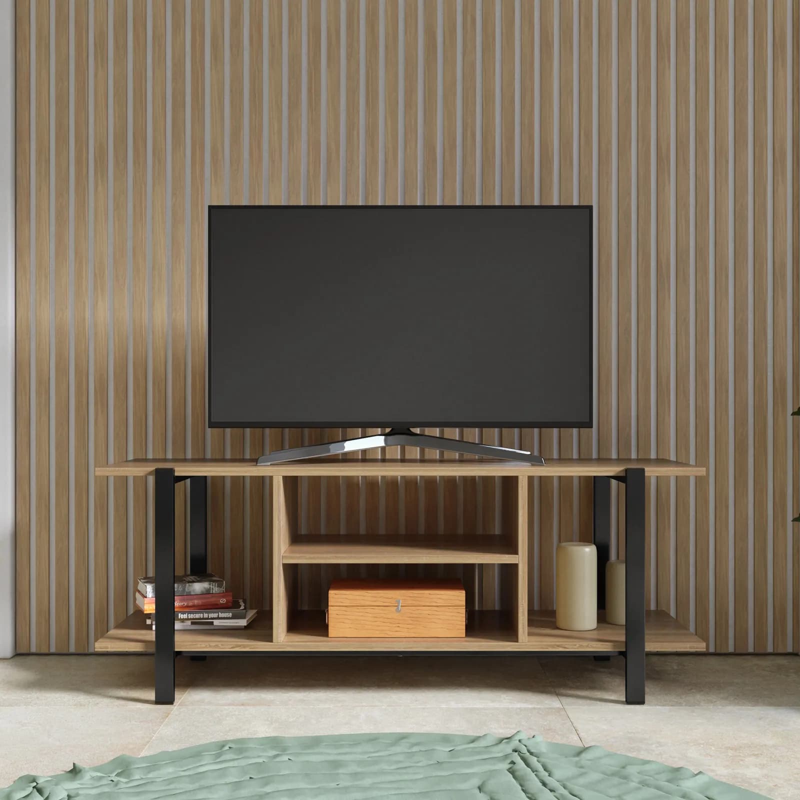 Mobile porta tv 120x35 cm effetto rovere scuro con vani a giorno e struttura in accaio nero - Fivar
