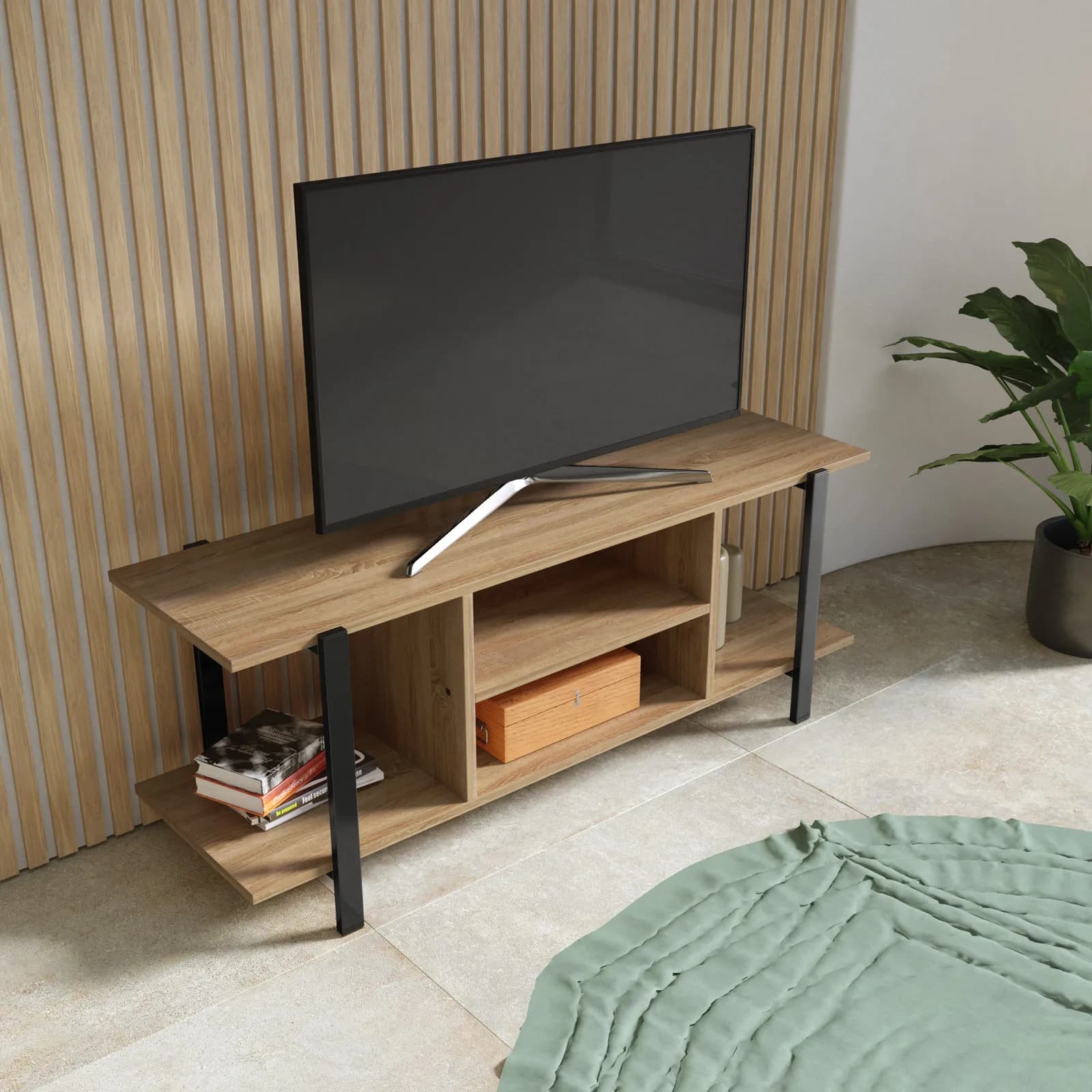 Mobile porta tv 120x35 cm effetto rovere scuro con vani a giorno e struttura in accaio nero - Fivar