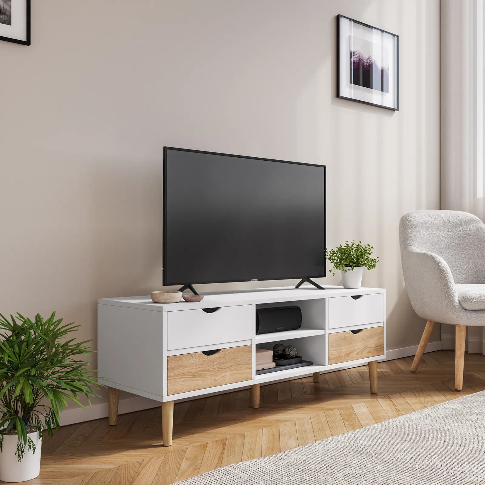 Mobile porta tv 120x45h cm con 4 cassetti bianco e rovere - Kidman