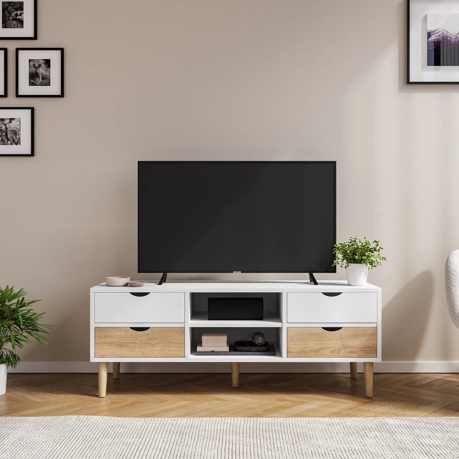 Mobile porta tv 120x45h cm con 4 cassetti bianco e rovere - Kidman
