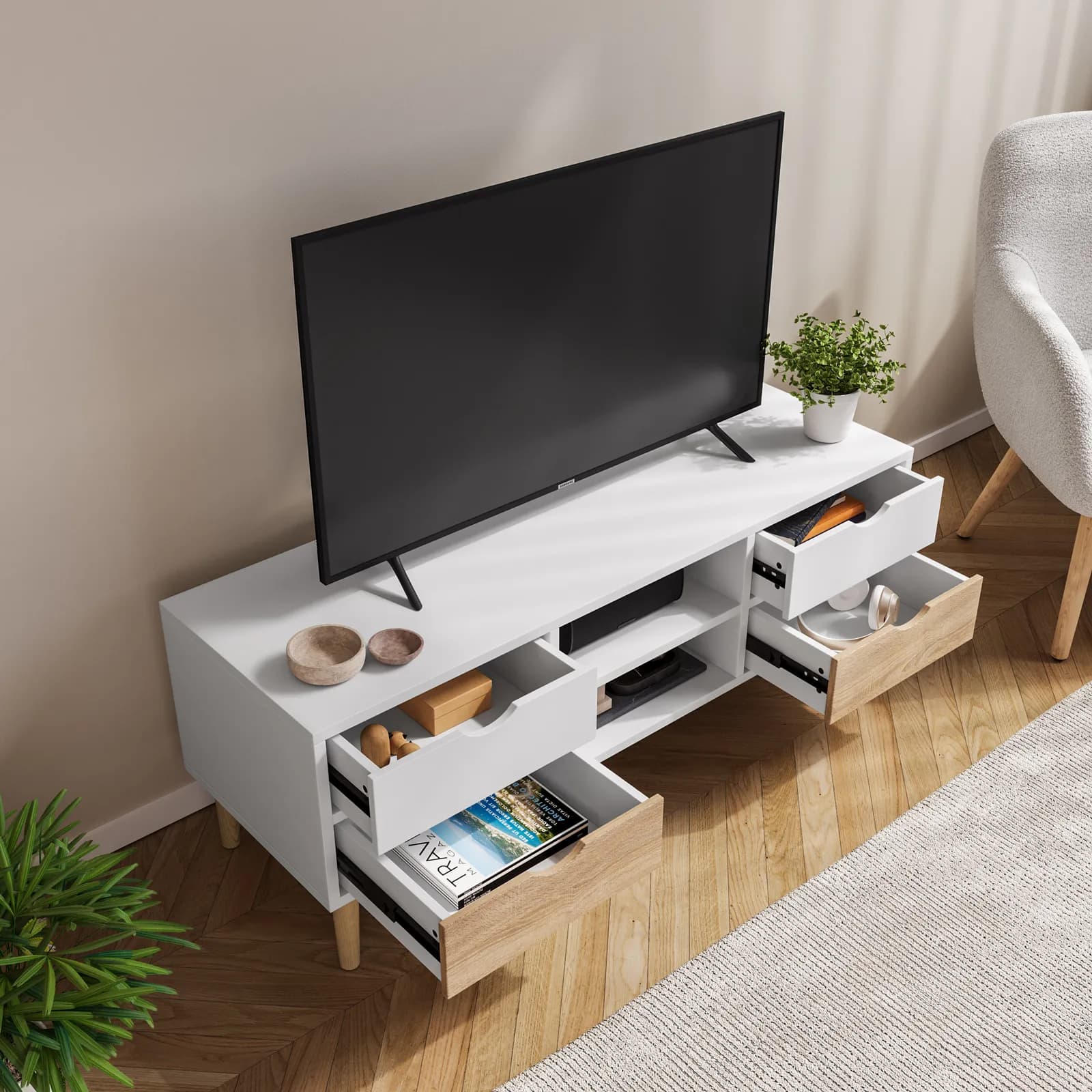 Mobile porta tv 120x45h cm con 4 cassetti bianco e rovere - Kidman
