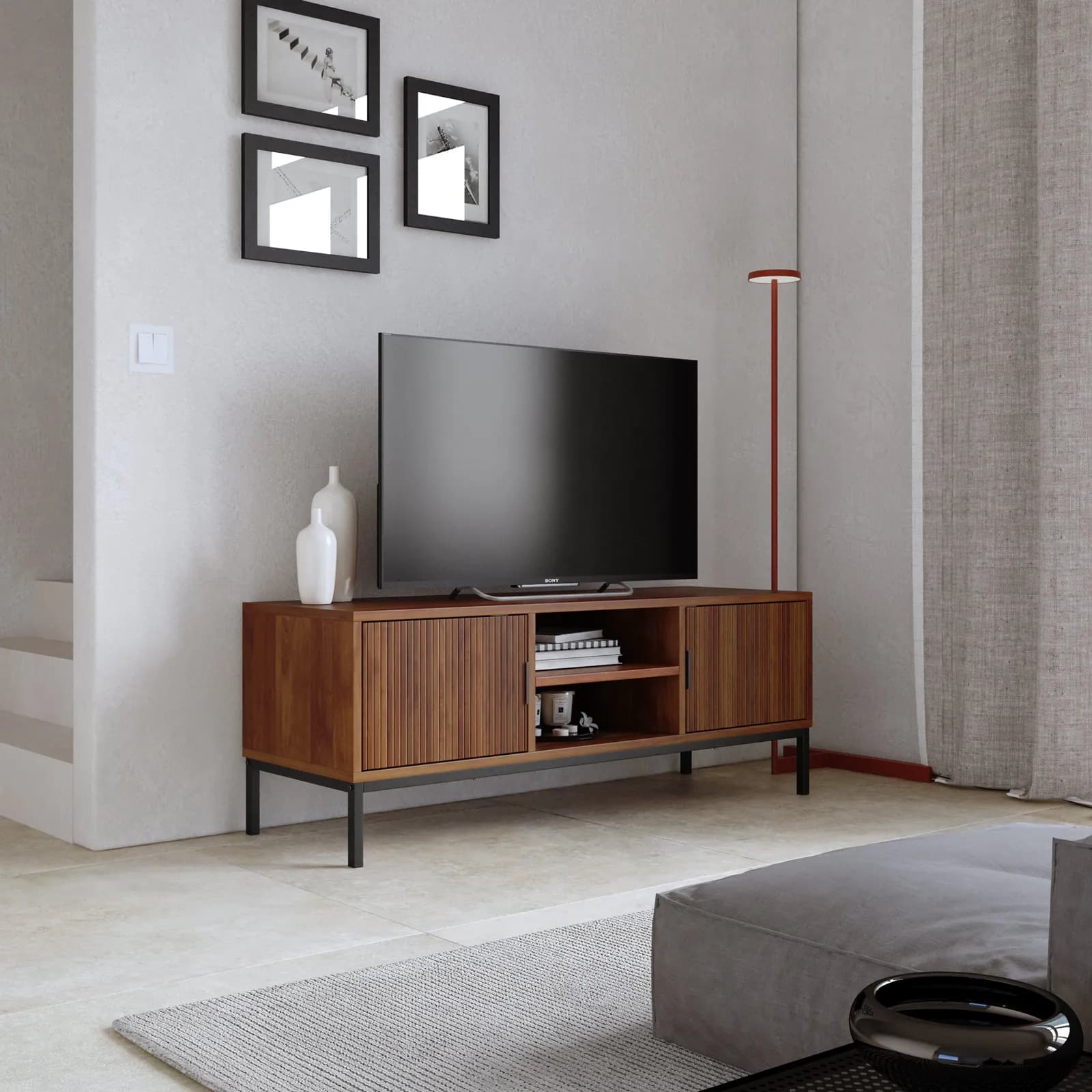 Mobile porta tv 120x45h cm noce carter cannettato con 2 ante e piedi in metallo nero - Acosta