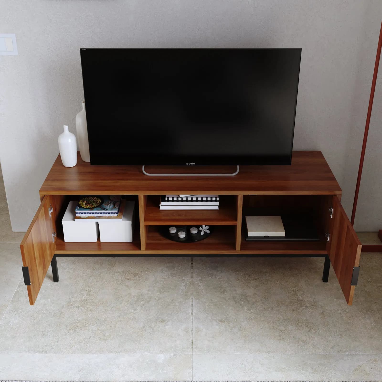 Mobile porta tv 120x45h cm noce carter cannettato con 2 ante e piedi in metallo nero - Acosta