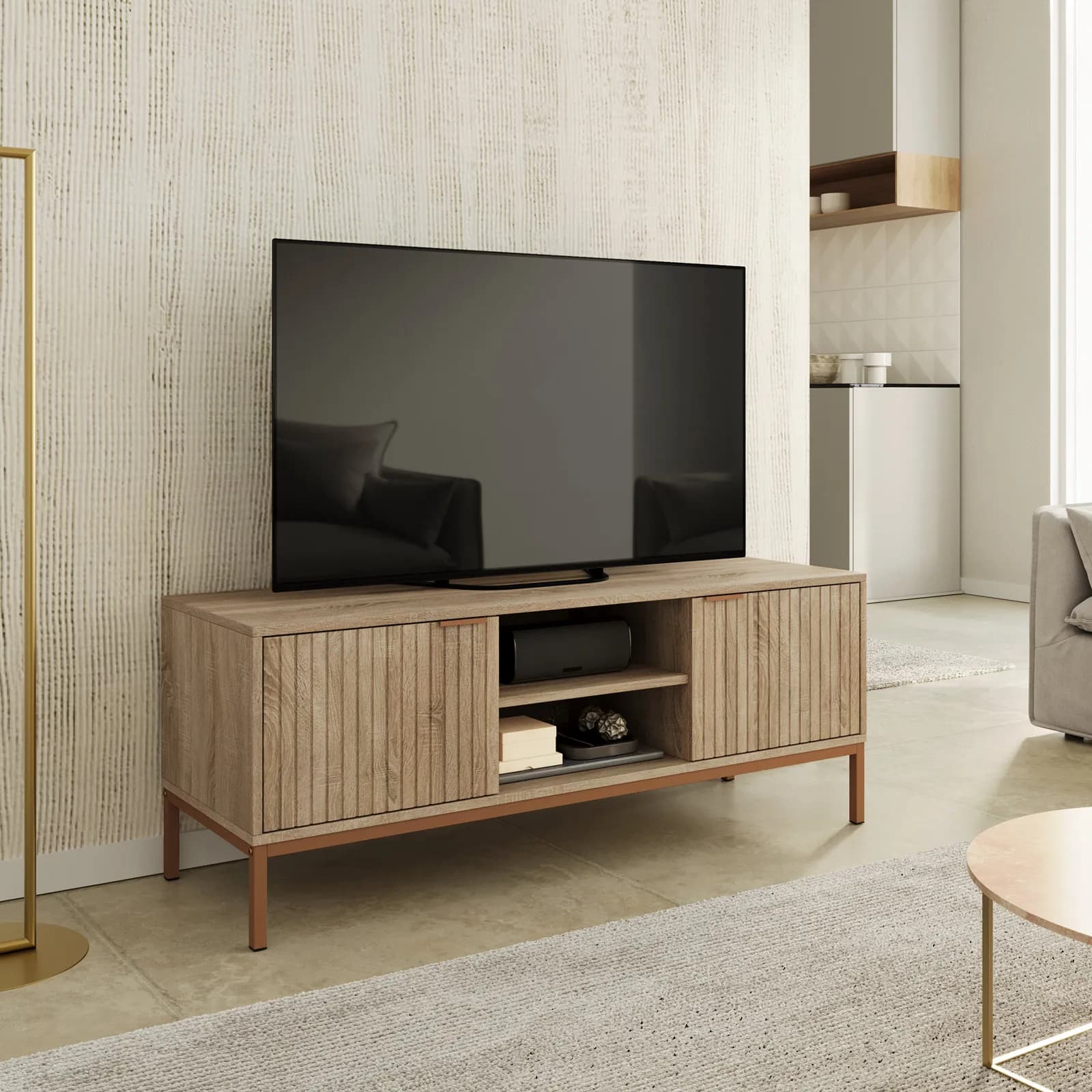 Mobile porta tv 120x46h cm rovere cannettato con 2 ante e struttura in acciaio oro bronzato - Kloser