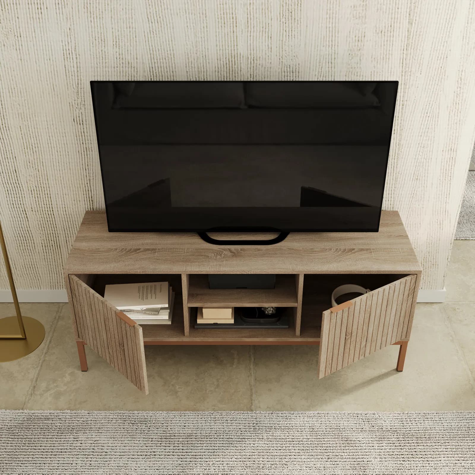 Mobile porta tv 120x46h cm rovere cannettato con 2 ante e struttura in acciaio oro bronzato - Kloser