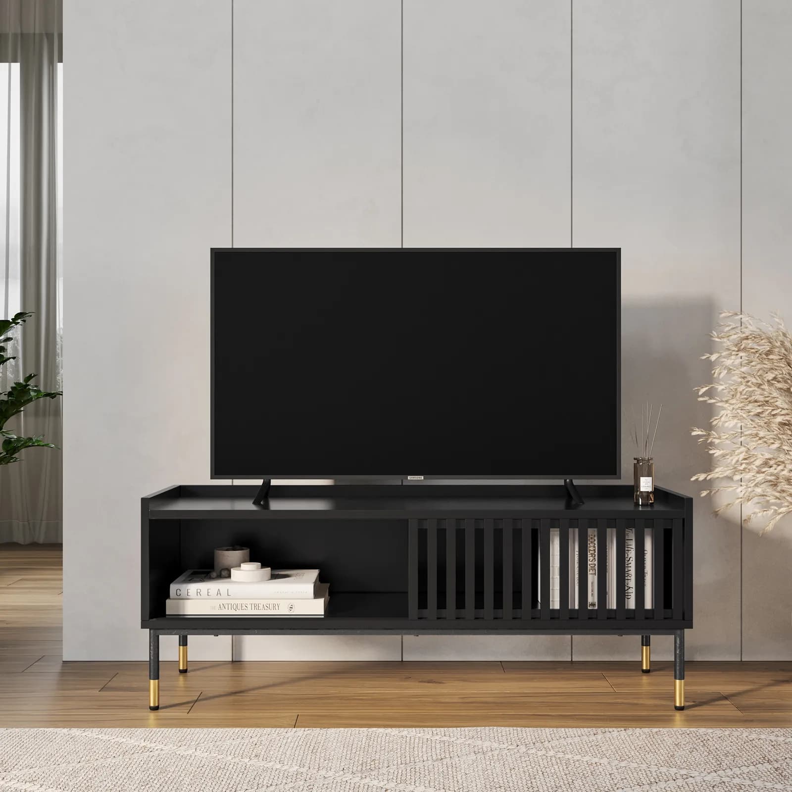 Mobile porta tv 120x47h cm con 1 anta nero opaco cannettato e gambe in acciaio con dettagli oro - Mirabel