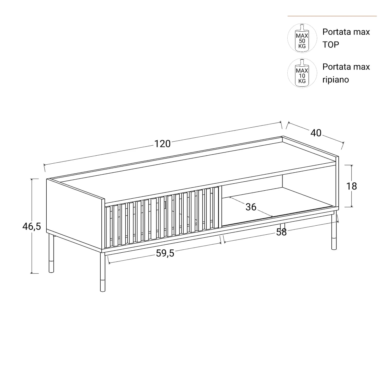 Mobile porta tv 120x47h cm con 1 anta nero opaco cannettato e gambe in acciaio con dettagli oro - Mirabel