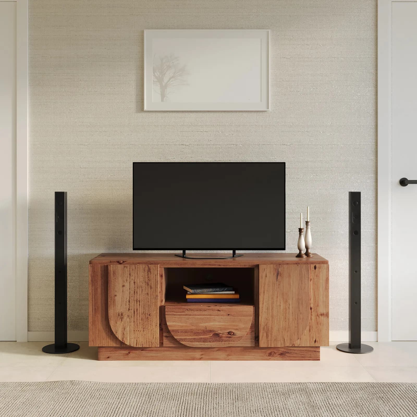 Mobile porta tv 130x55h cm in legno di acacia naturale con 2 ante e 1 cassetto - Artemide