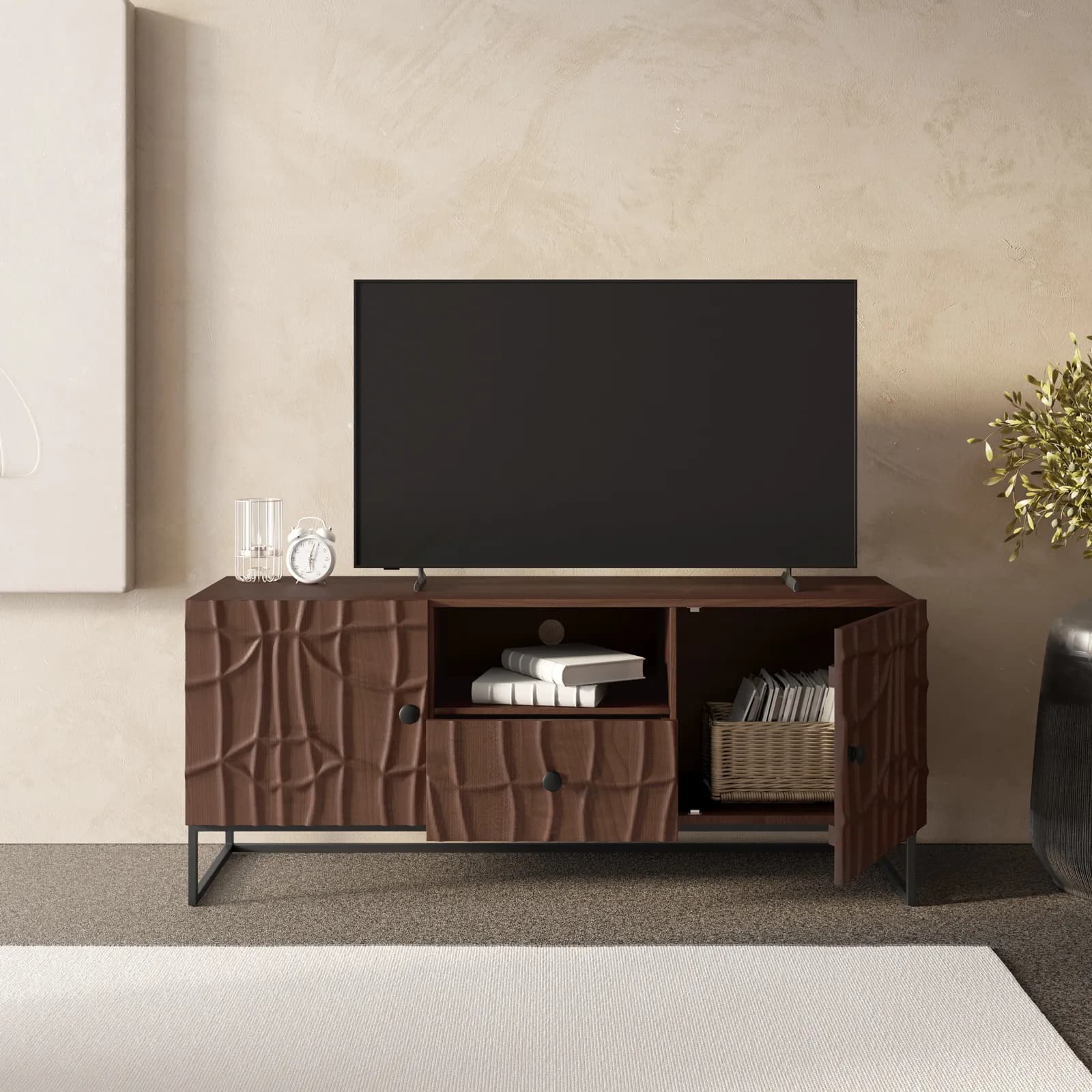 Mobile porta tv 130x55h cm in legno di mango noce e metallo nero con 2 ante e 1 cassetto - Hyperion