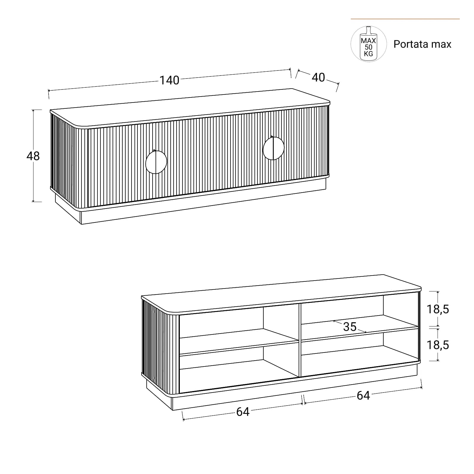 Mobile porta tv 140x48h cm in legno effetto noce cannettato e oro con 4 ante - Yuna