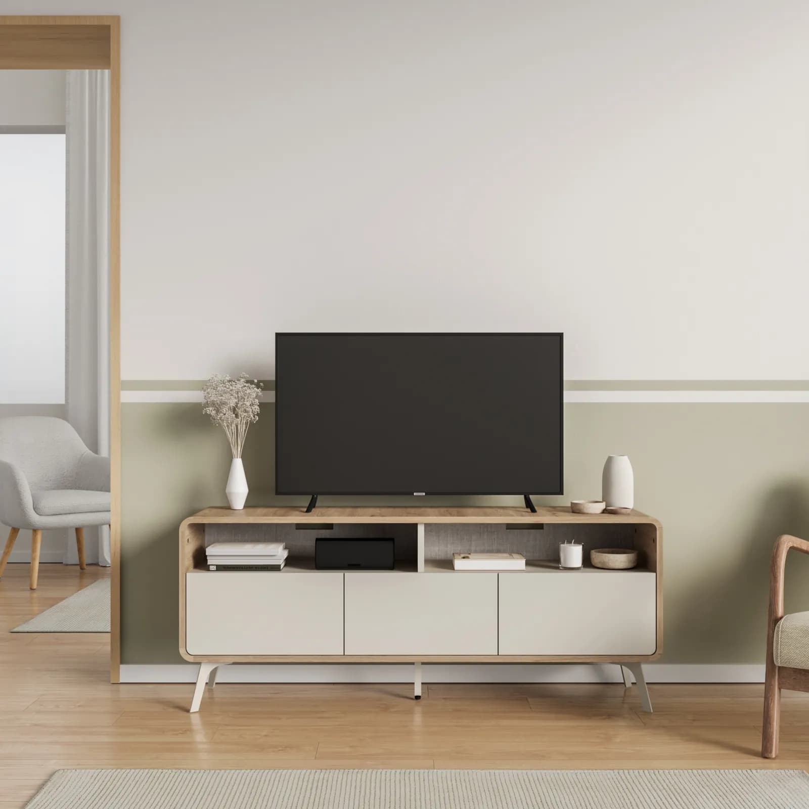 Mobile porta tv 140x57h cm rovere e cashmere con 3 ante e vani a giorno - Lansen