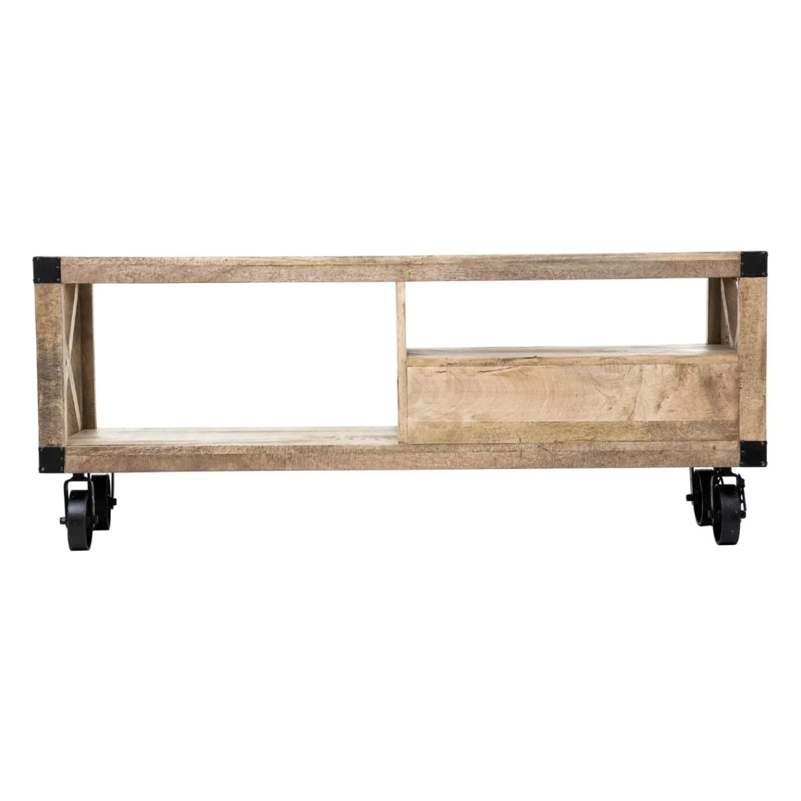 Mobile porta tv 140x59h cm in legno di mango e metallo con 1 cassetto e ruote - Tijuana