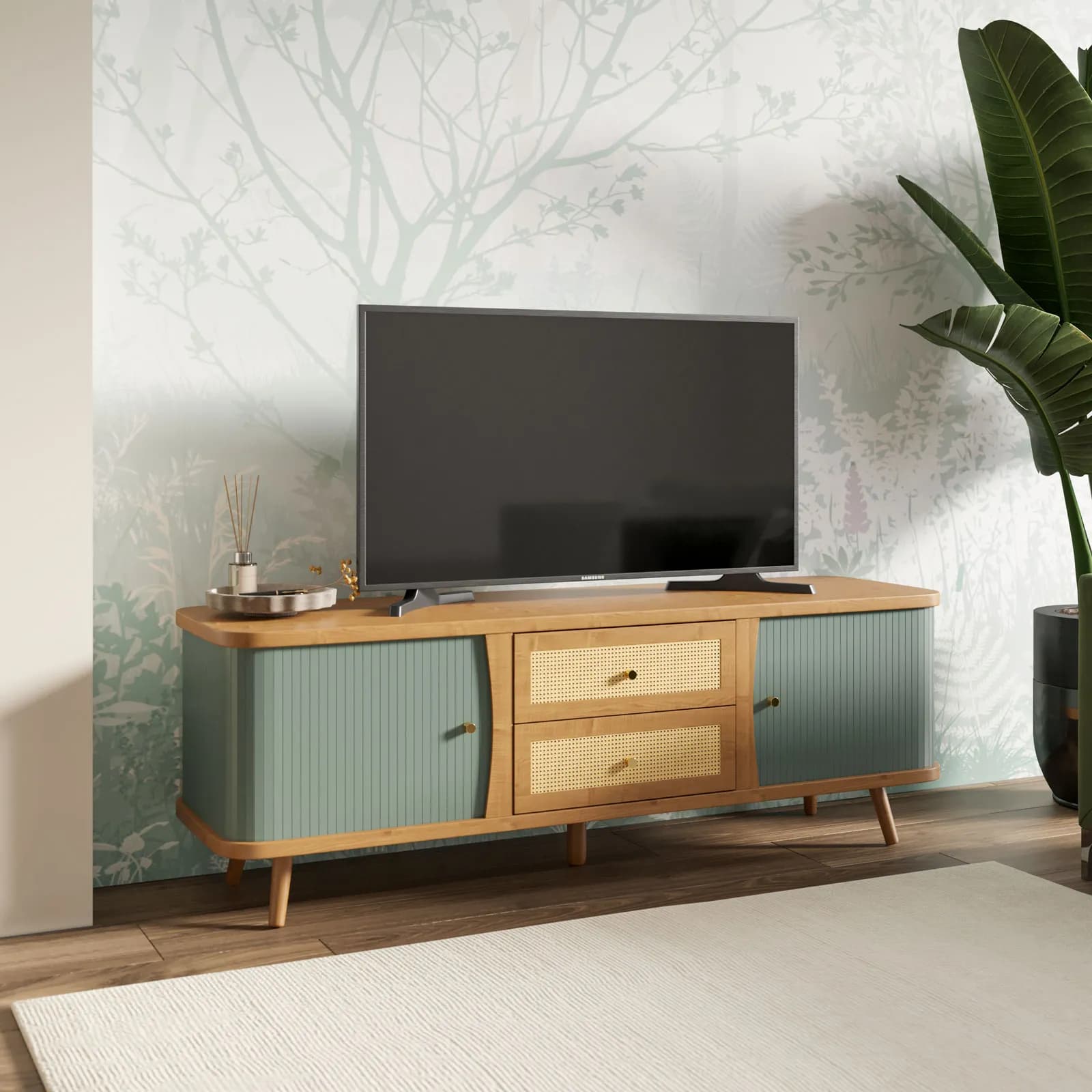 Mobile porta tv 140x48h cm bambù verde salvia cannettato con cassetti e ante - Thalina