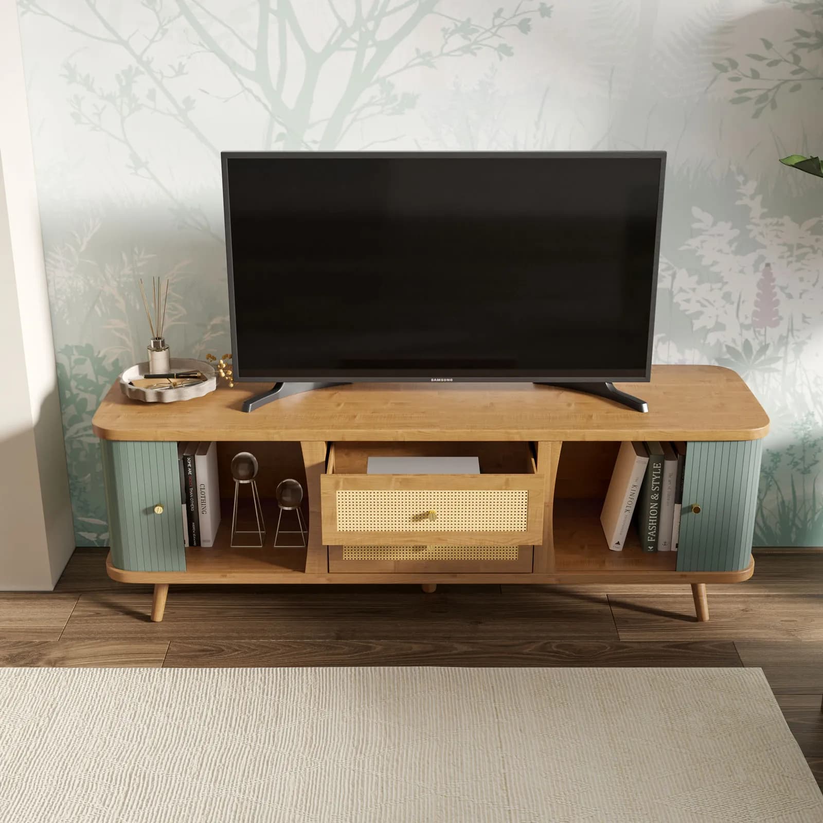 Mobile porta tv 140x48h cm bambù verde salvia cannettato con cassetti e ante - Thalina