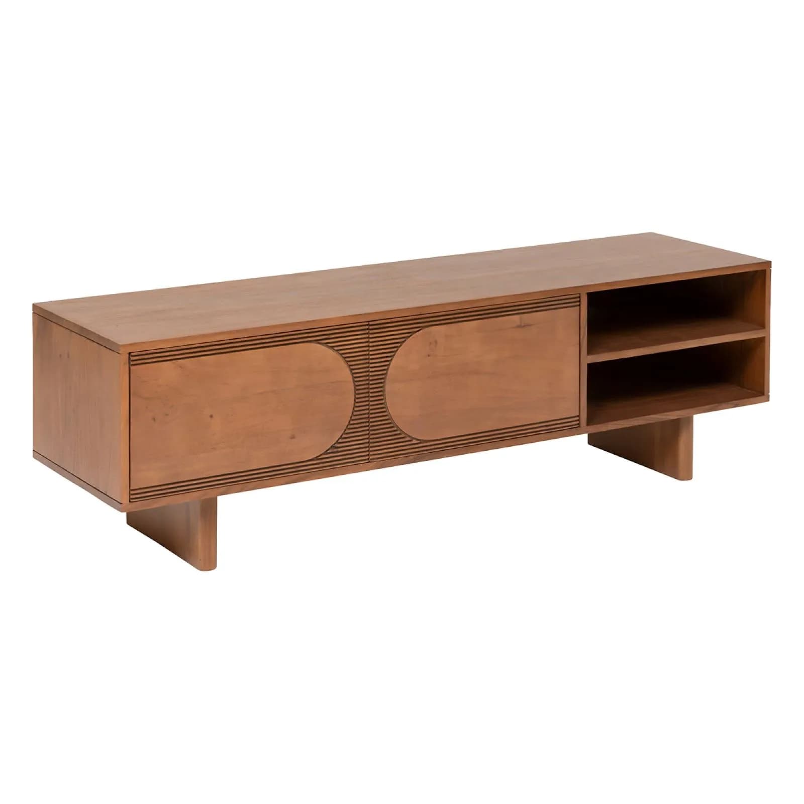 Mobile porta tv 147x46h cm in legno di acacia naturale con 2 ante e dettaglio cannettato - Sevilla