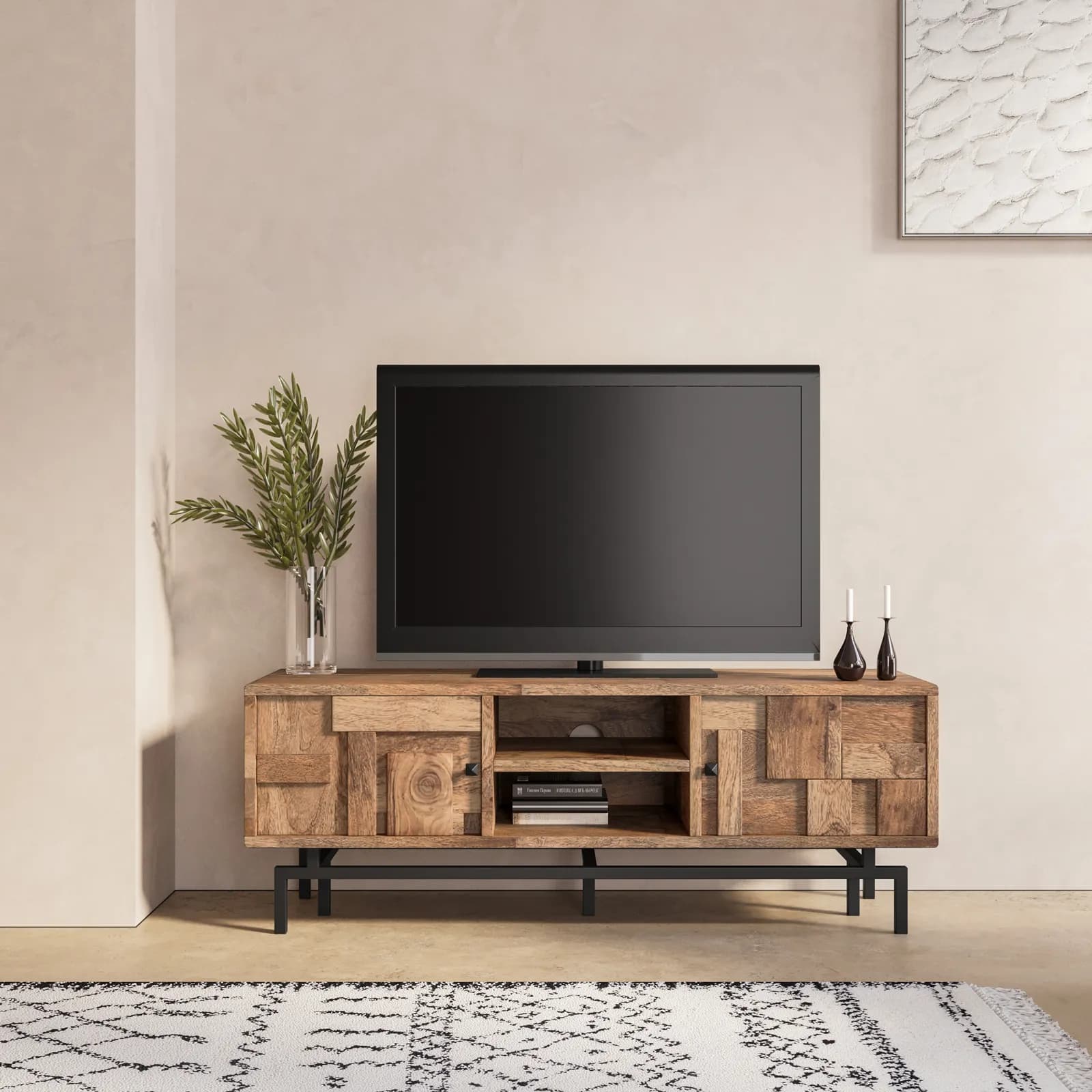 Mobile porta tv 148x55h cm in legno di acacia con 2 ante e base in metallo nero - Baktu