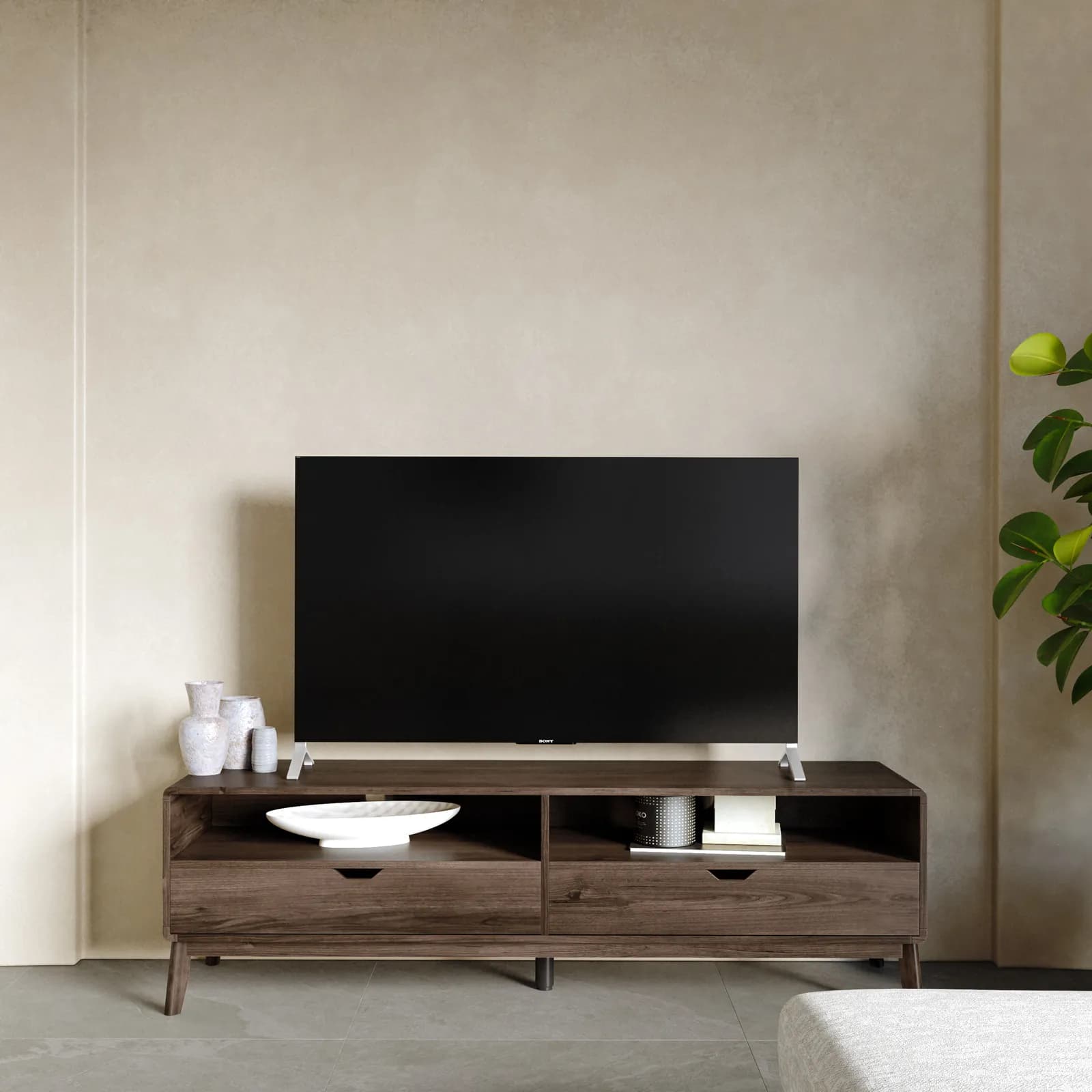 Mobile porta tv 150x45h cm in legno rovere kover con 2 vani a giorno e 2 cassetti - Ember
