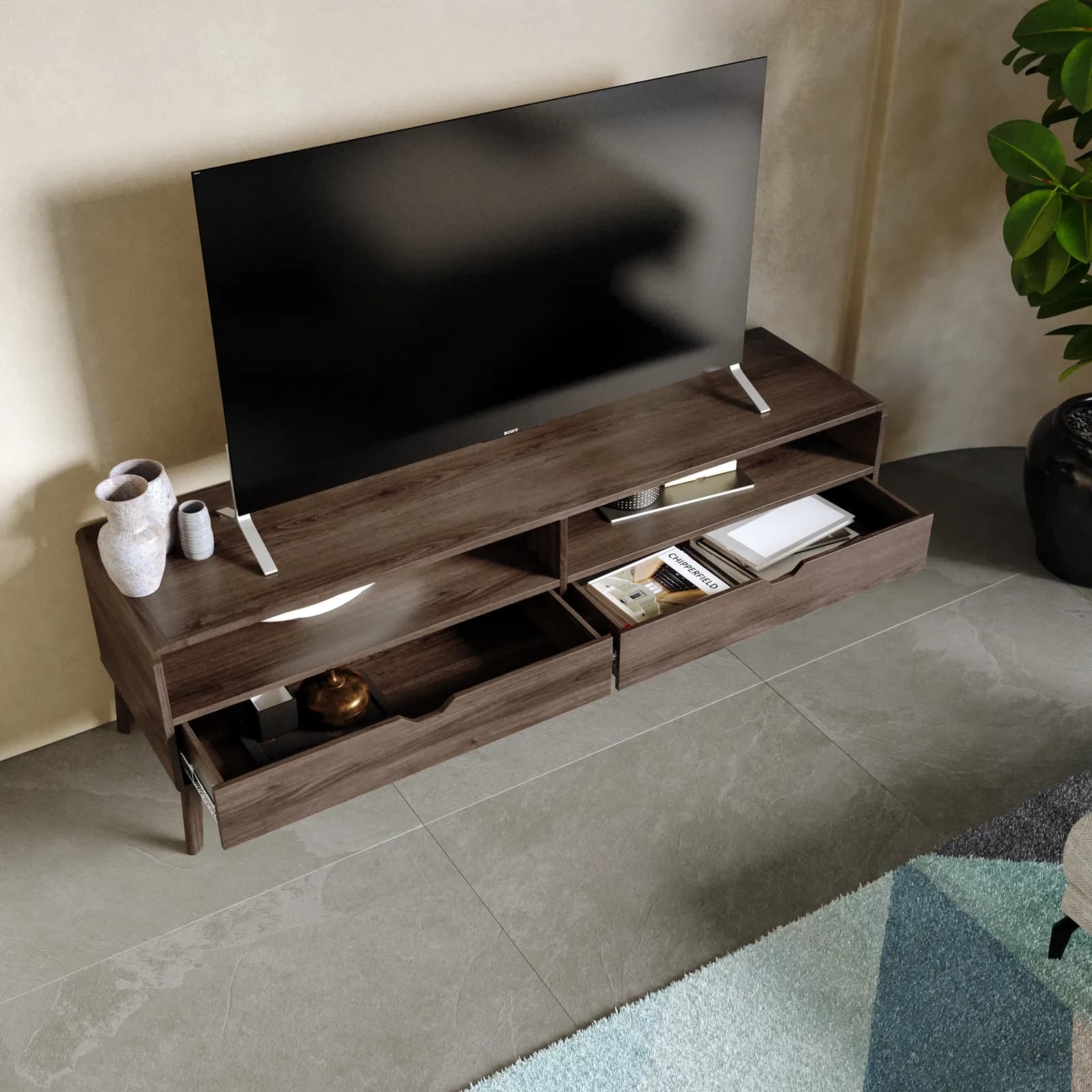 Mobile porta tv 150x45h cm in legno rovere kover con 2 vani a giorno e 2 cassetti - Ember