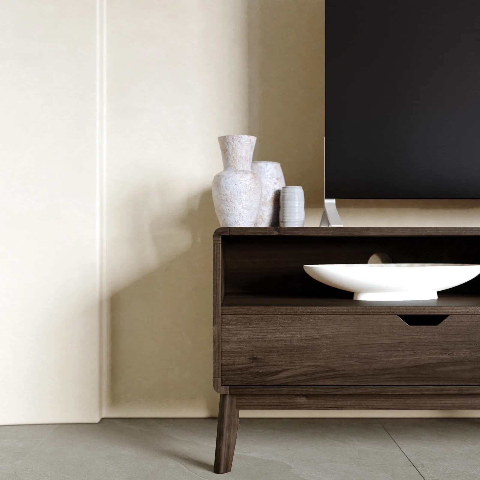 Mobile porta tv 150x45h cm in legno rovere kover con 2 vani a giorno e 2 cassetti - Ember