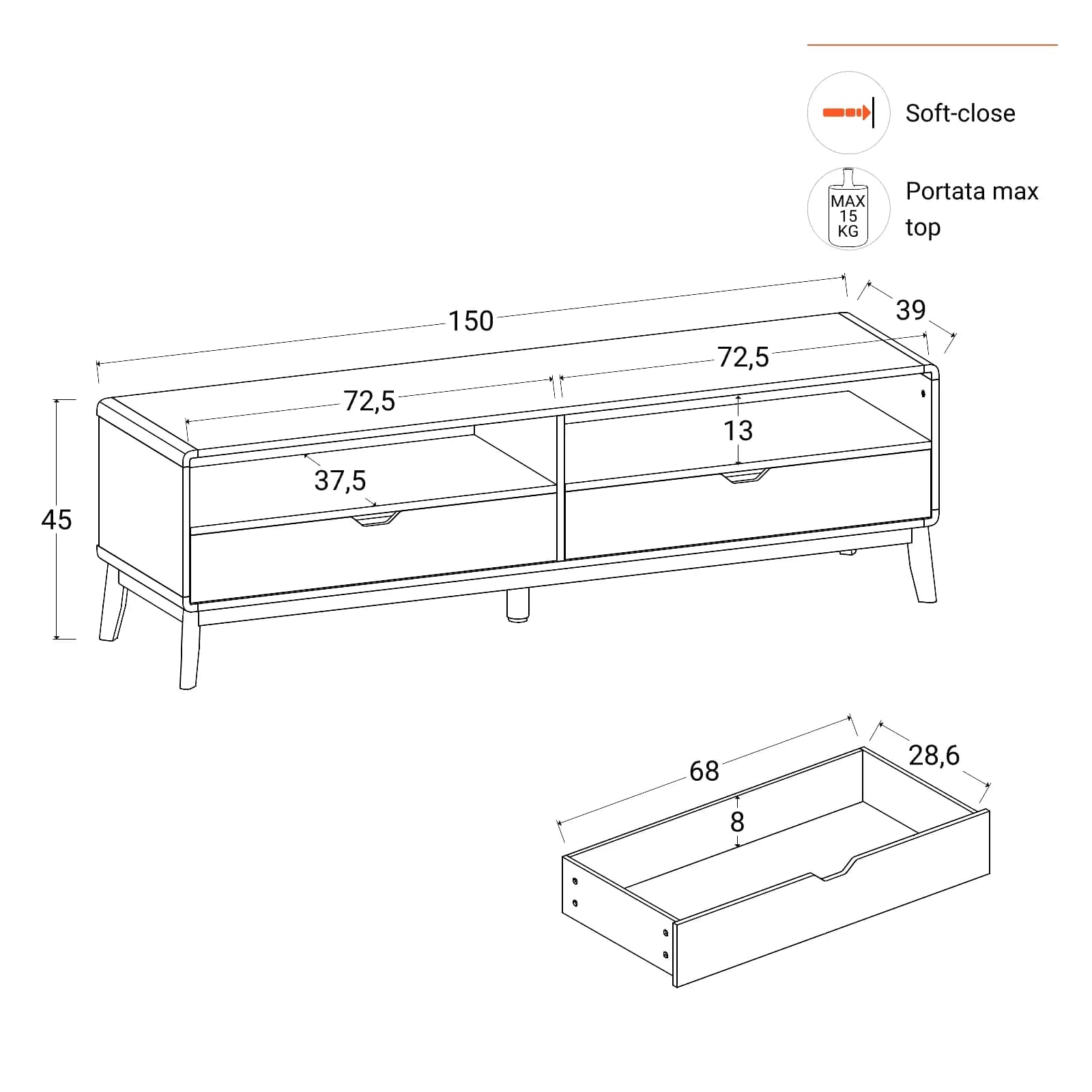 Mobile porta tv 150x45h cm in legno rovere kover con 2 vani a giorno e 2 cassetti - Ember