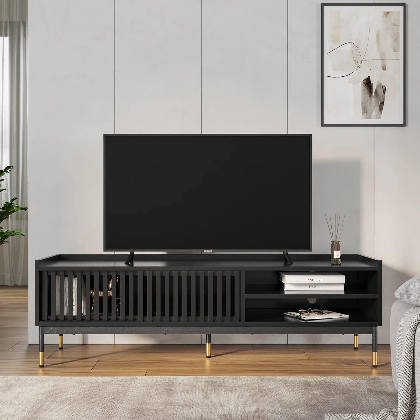 Mobile porta tv 150x47h cm con 2 ante nero opaco cannettato e gambe in acciaio con dettagli oro - Mirabel