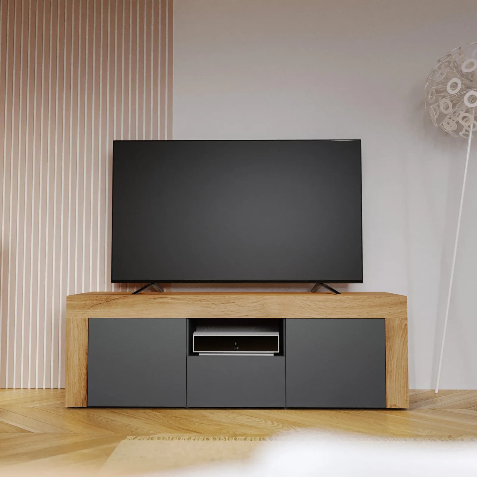 Mobile porta tv 155x50h cm con 2 ante e 1 cassetto antracite opaco e rovere wotan - Kayros