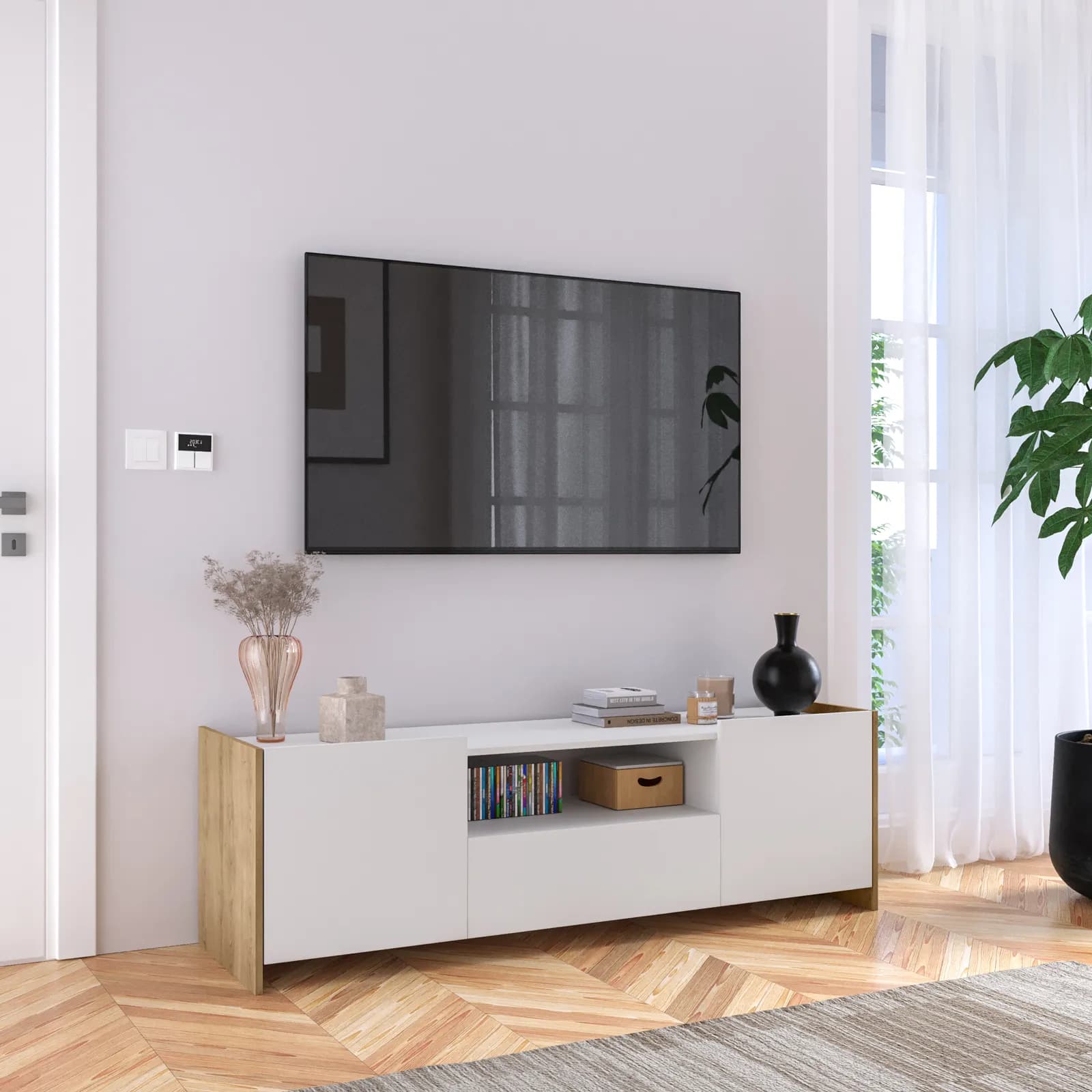 Mobile porta tv 160x50h cm con 1 cassetto e 2 ante bianco e rovere - Wilem