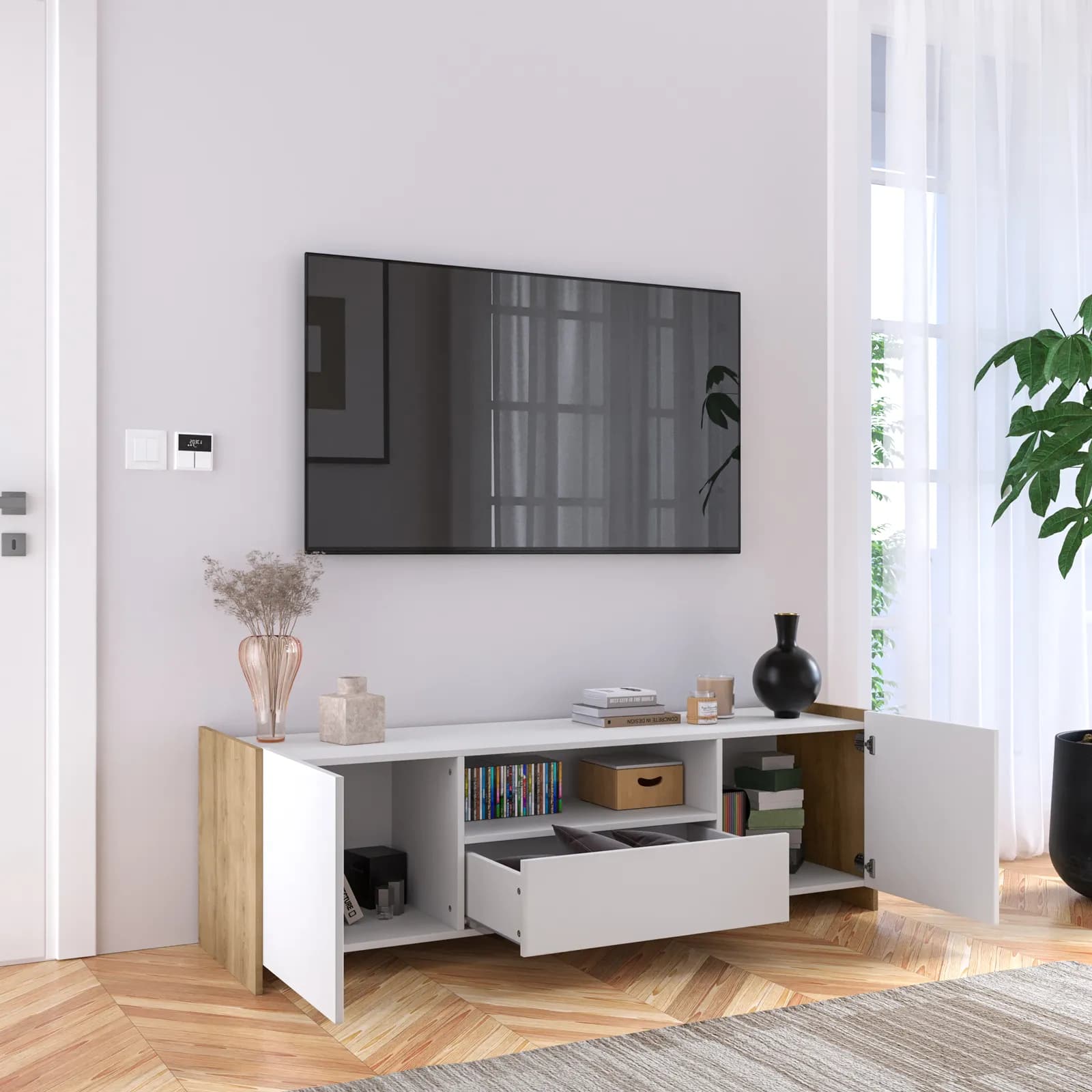Mobile porta tv 160x50h cm con 1 cassetto e 2 ante bianco e rovere - Wilem