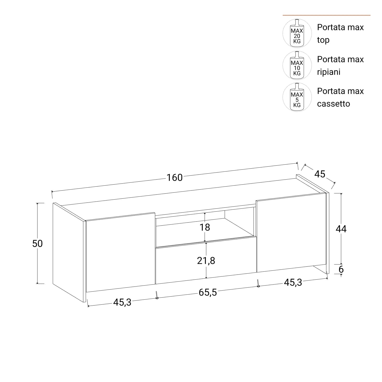 Mobile porta tv 160x50h cm con 1 cassetto e 2 ante bianco e rovere - Wilem