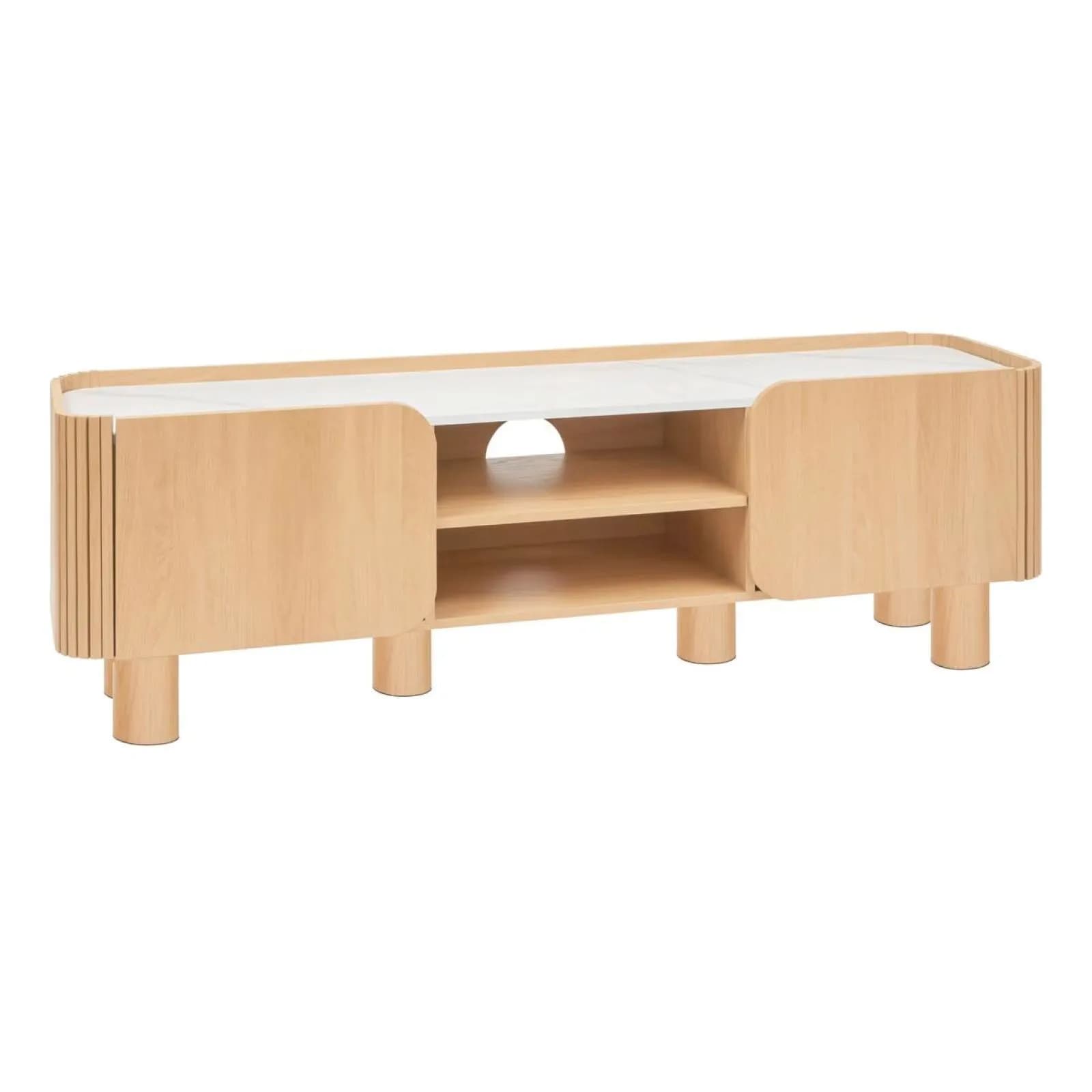 Mobile porta tv 160x50h cm in legno naturale e cannettato con top effetto marmo - Tamelia