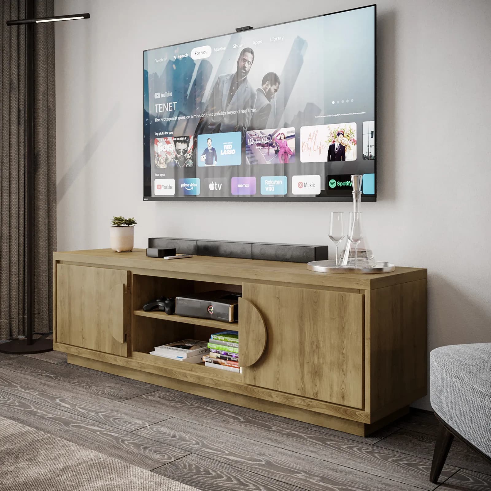 Mobile porta tv 160x50h cm in legno rovere amaretto con 2 ante e 2 vani a giorno - Maisie