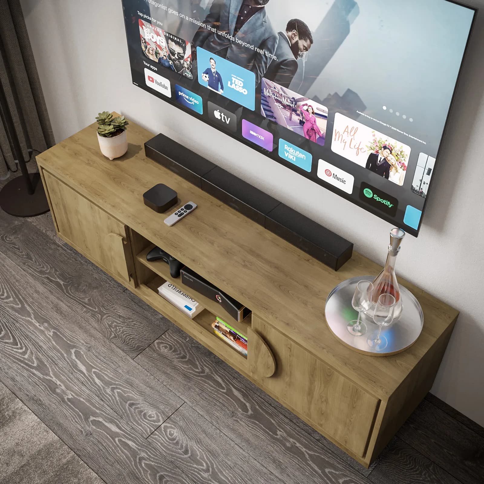 Mobile porta tv 160x50h cm in legno rovere amaretto con 2 ante e 2 vani a giorno - Maisie